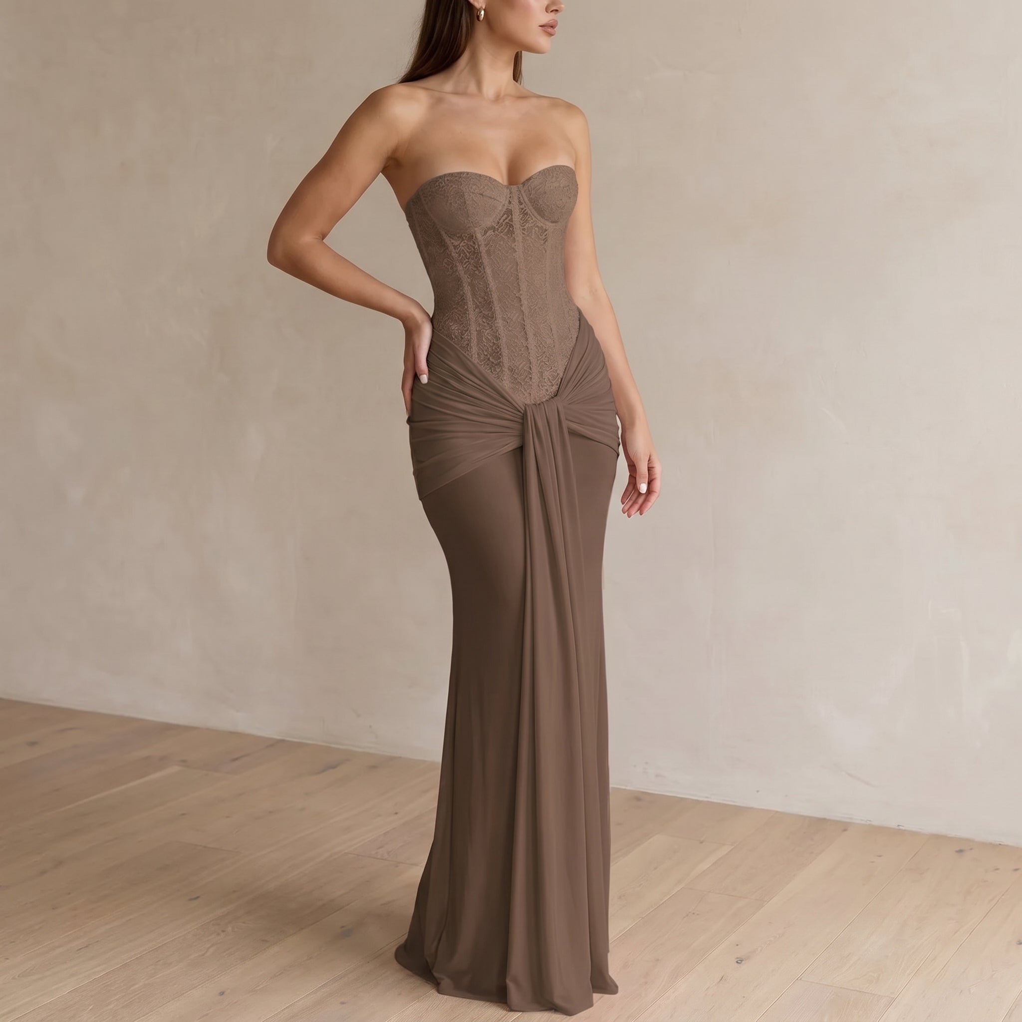 Rosa - Women's Evening Lace Corset Maxi Dress - Maxi Dress - Brown - Parker&Brooks