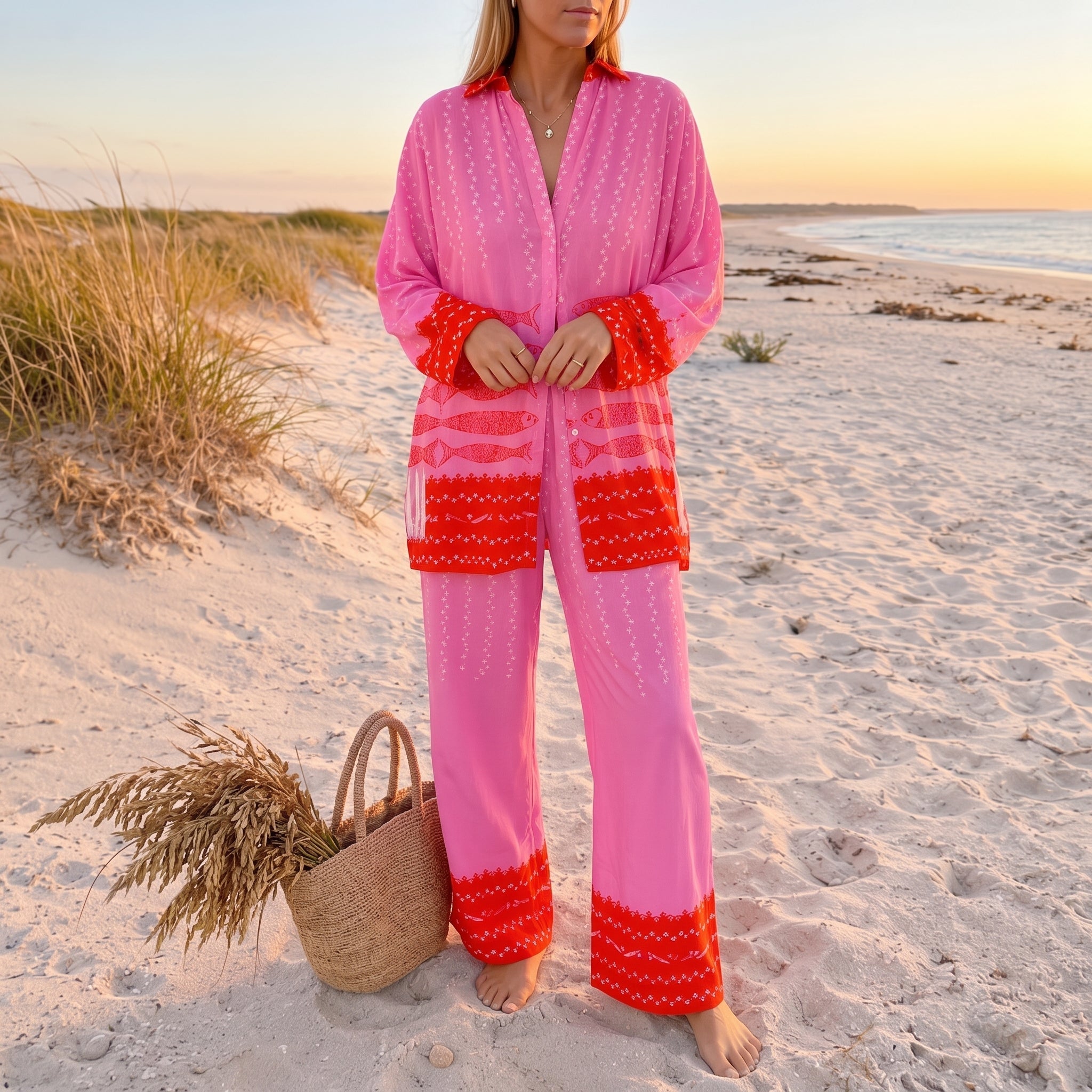 Rosa - Women's Printed Contrast Trim Wide-Leg Summer Co-ord Set - Outfit Sets - Pink - Parker&Brooks