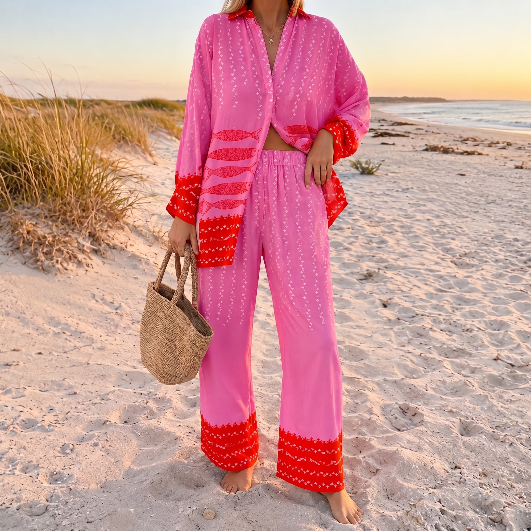 Rosa - Women's Printed Contrast Trim Wide-Leg Summer Co-ord Set - Outfit Sets - Pink - Parker&Brooks