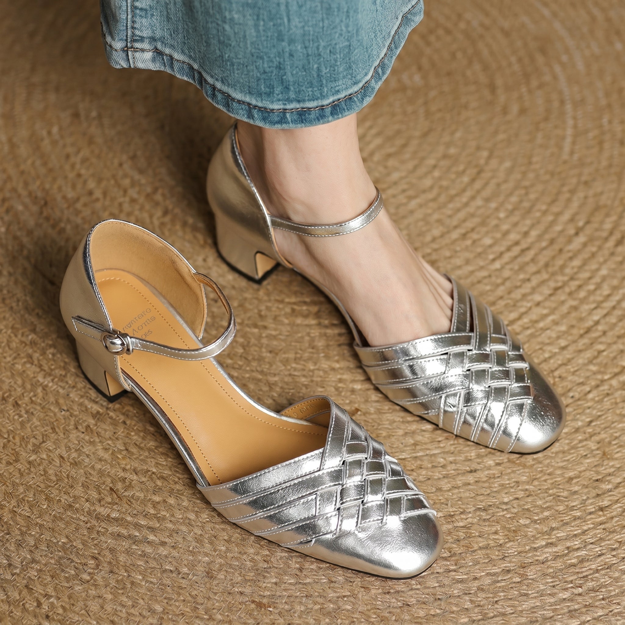 Rosa - Women's Woven Pumps with Buckle Ankle Strap - Heels - Silver - Parker&Brooks