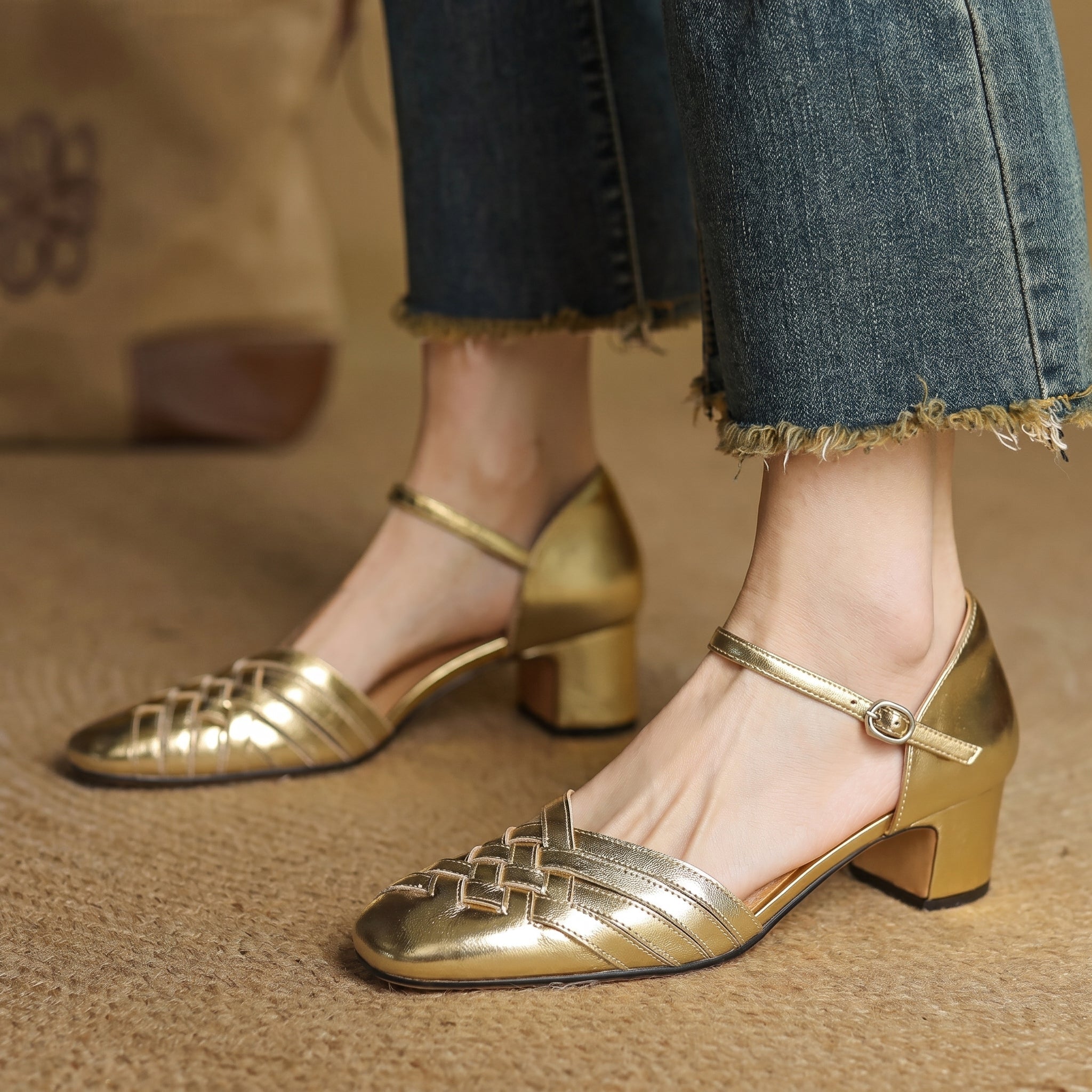 Rosa - Women's Woven Pumps with Buckle Ankle Strap - Heels - Gold - Parker&Brooks