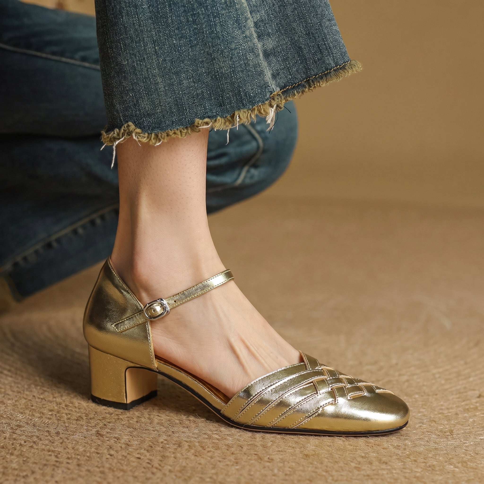 Rosa - Women's Woven Pumps with Buckle Ankle Strap - Heels - Gold - Parker&Brooks