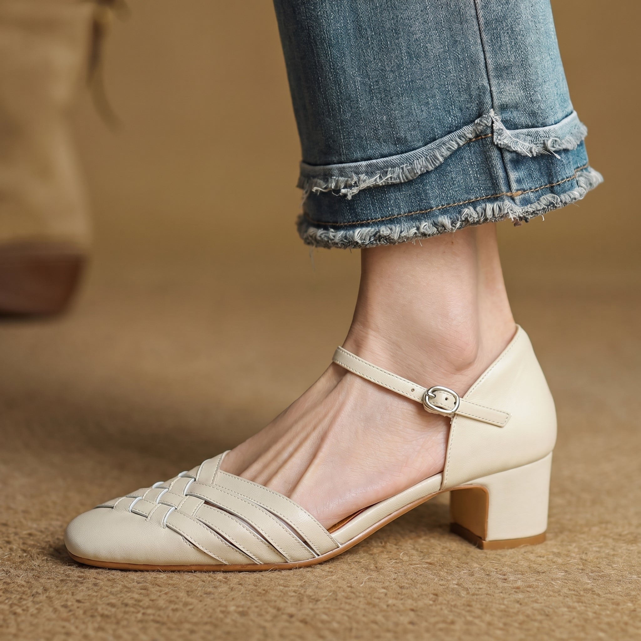 Rosa - Women's Woven Pumps with Buckle Ankle Strap - Heels - Beige - Parker&Brooks