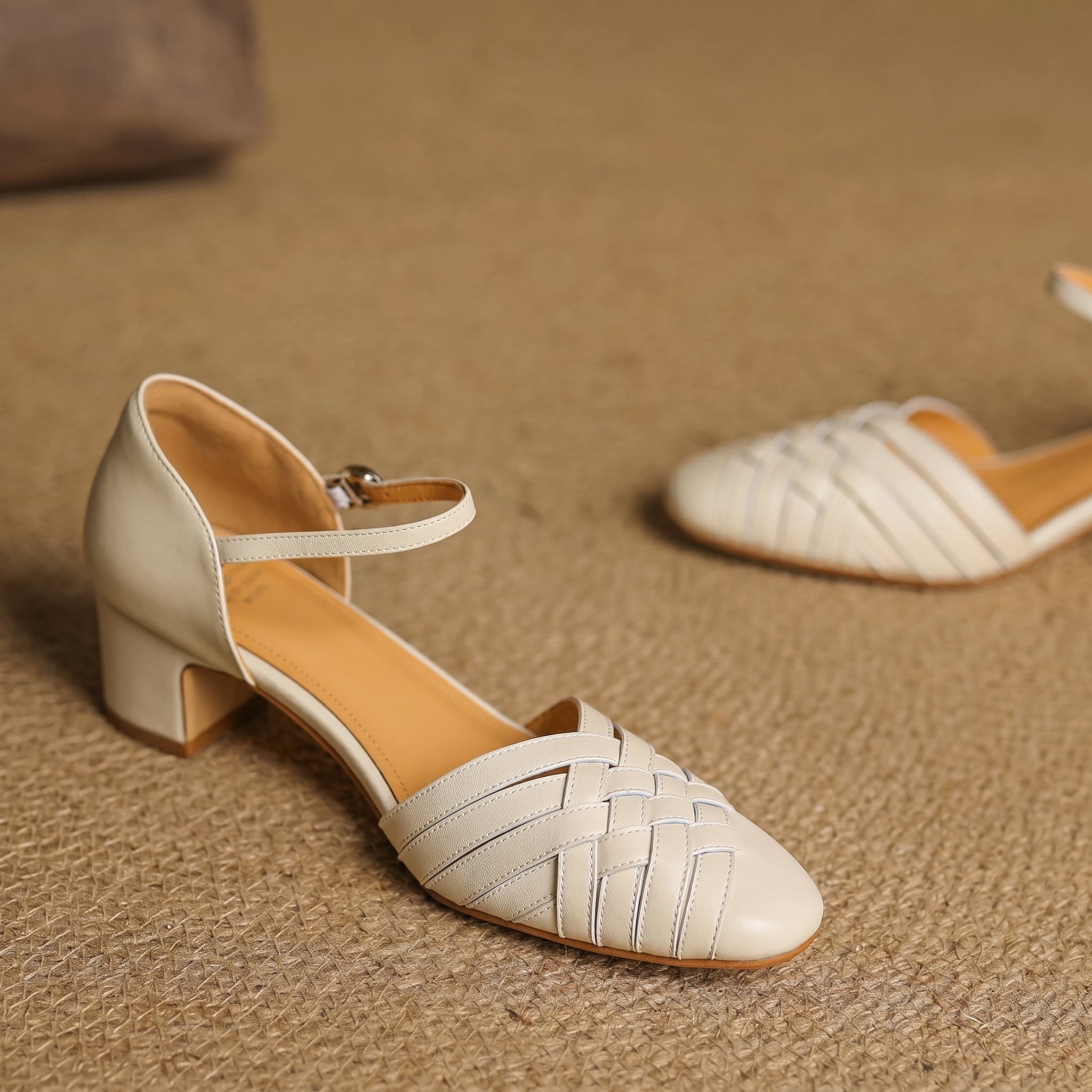 Rosa - Women's Woven Pumps with Buckle Ankle Strap - Heels - Beige - Parker&Brooks