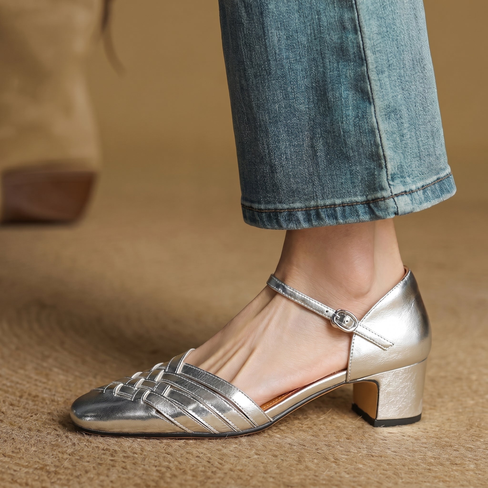 Rosa - Women's Woven Pumps with Buckle Ankle Strap - Heels - Silver - Parker&Brooks
