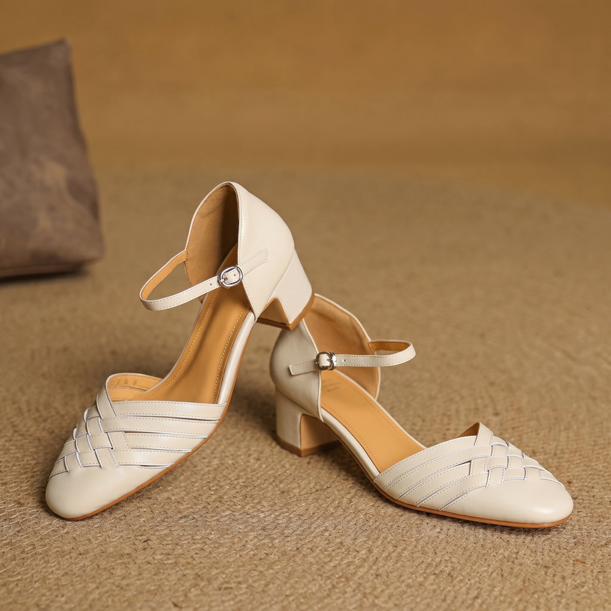 Rosa - Women's Woven Pumps with Buckle Ankle Strap - Heels - Beige - Parker&Brooks