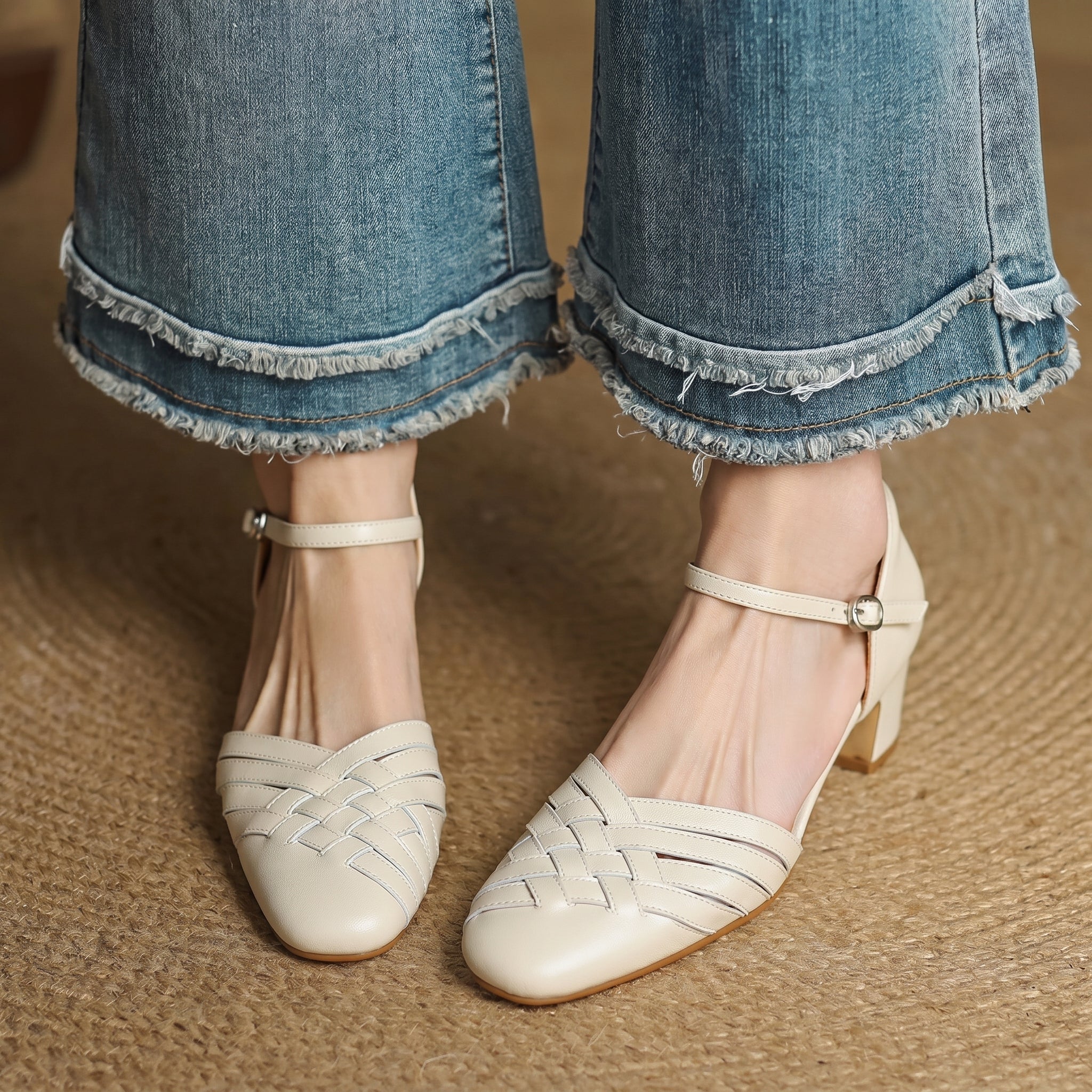 Rosa - Women's Woven Pumps with Buckle Ankle Strap - Heels - Beige - Parker&Brooks