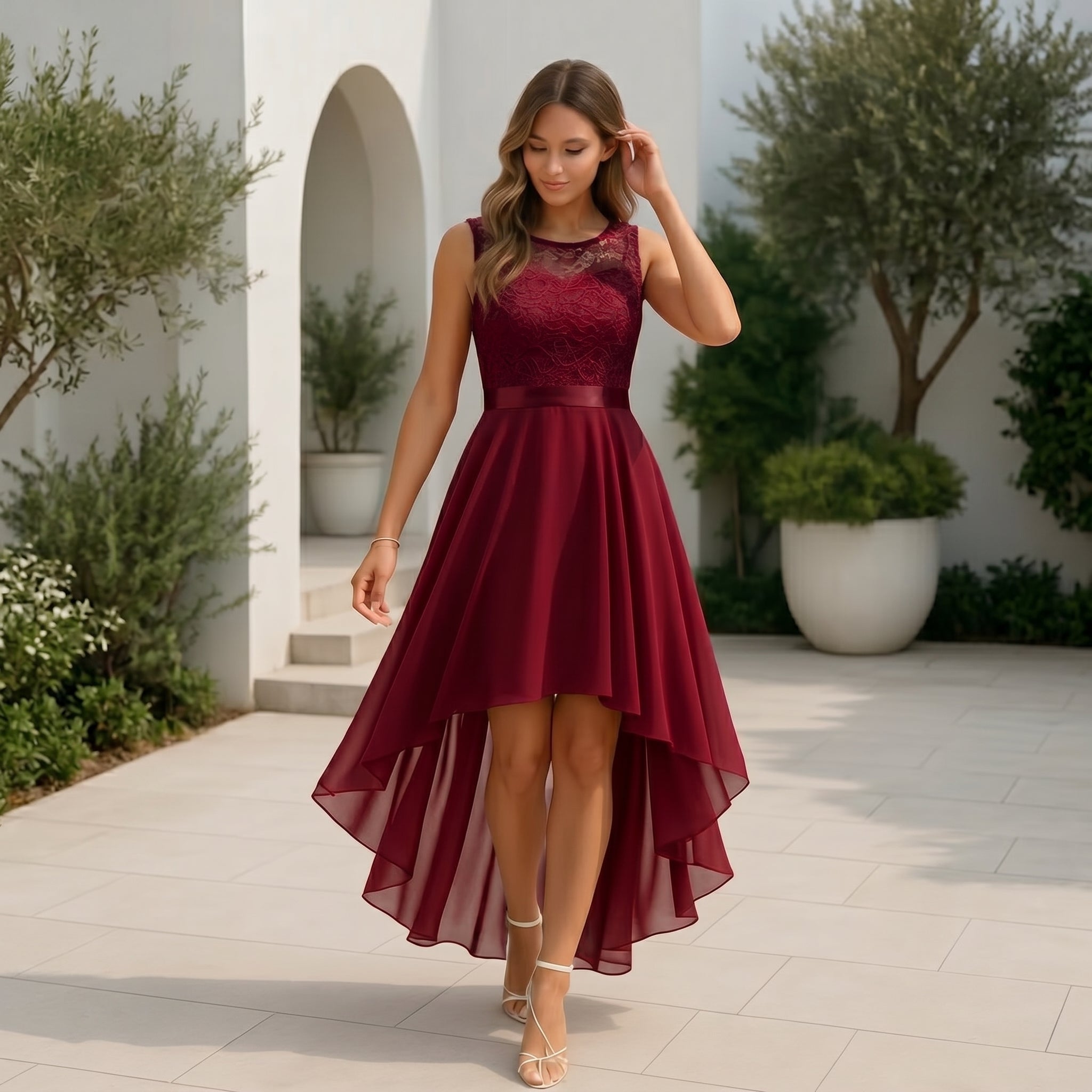 Rosie - Women's Party Lace Bodice Asymmetric Midi Dress - Midi Dress - Burgundy - Parker&Brooks