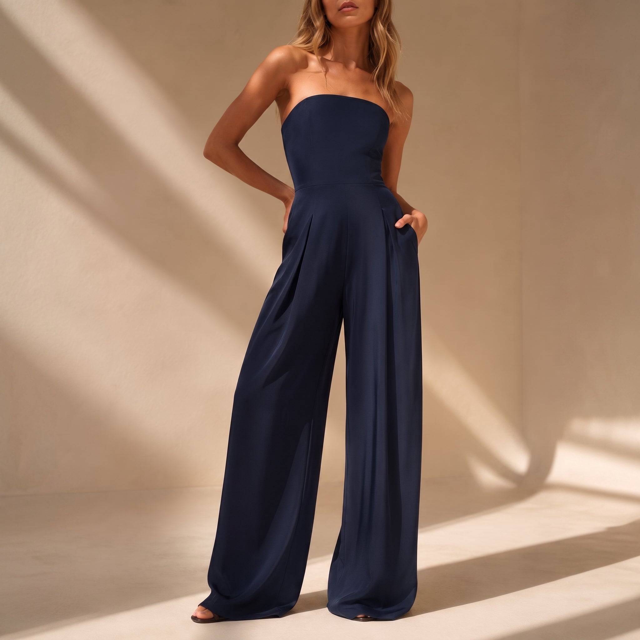 Rosie – Women's Strapless Bandeau Wide-Leg Jumpsuit - One-Pieces - Navy Blue - Parker&Brooks