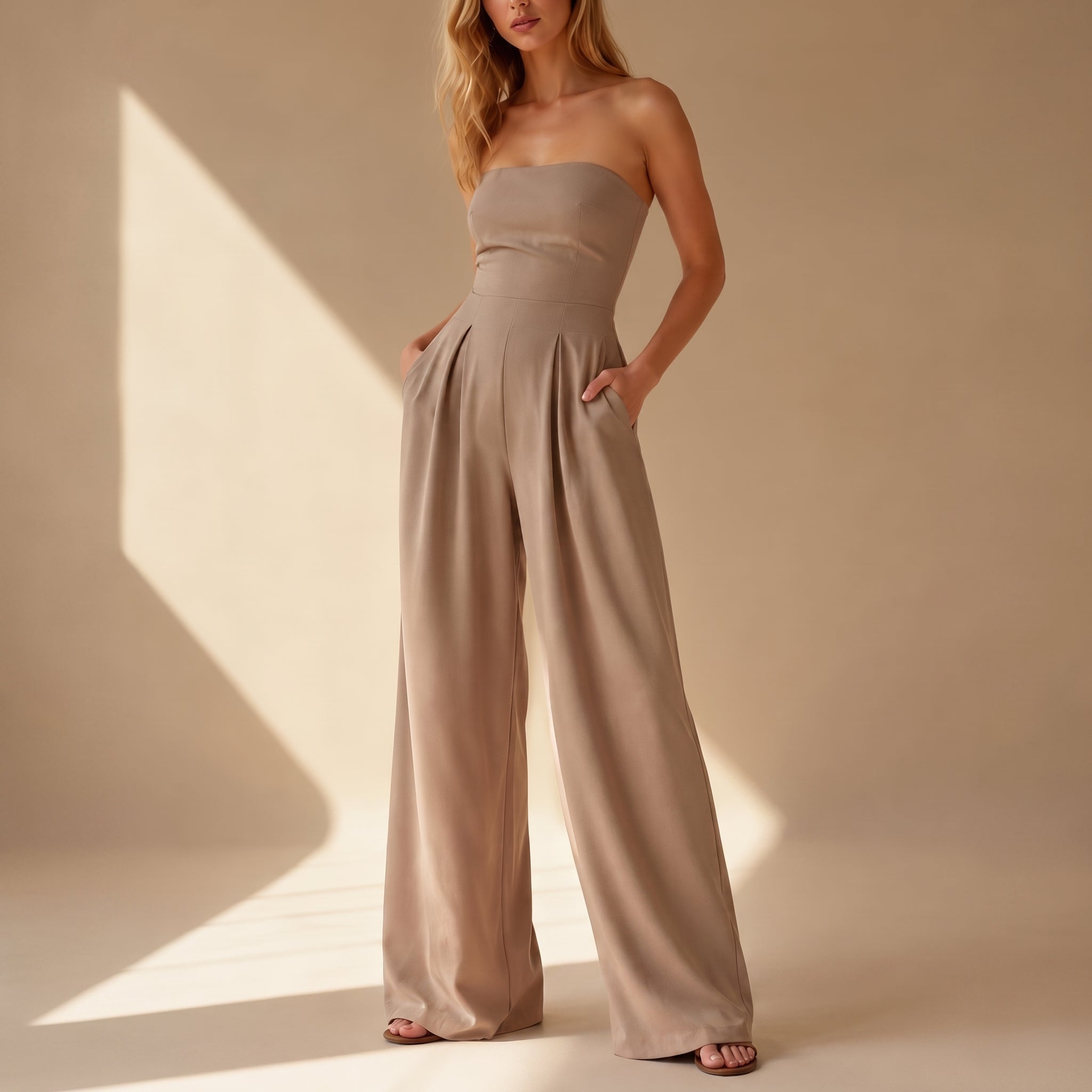 Rosie – Women's Strapless Bandeau Wide-Leg Jumpsuit - One-Pieces - Beige - Parker&Brooks
