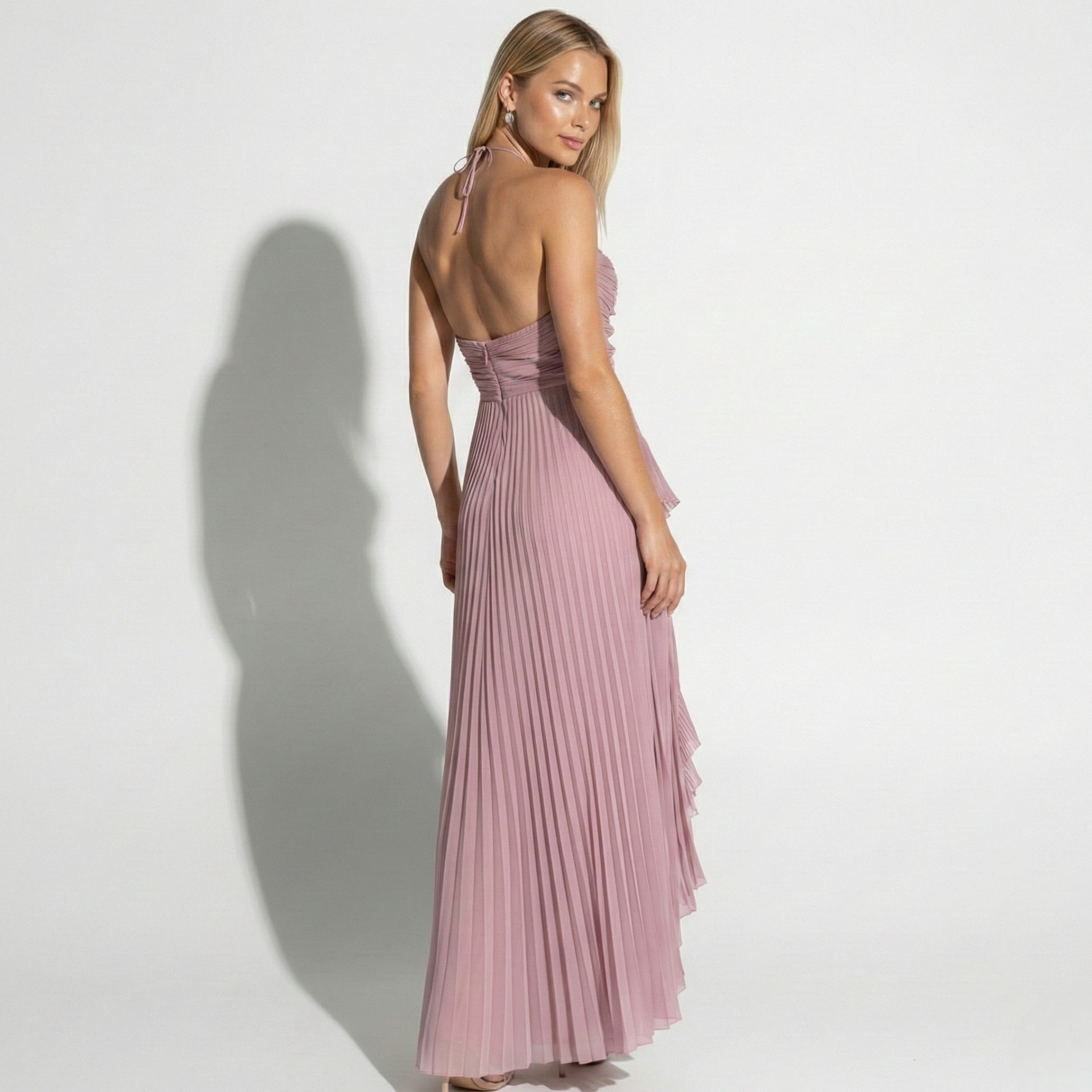 Ruby - Women's Halter Neck Ruffle Pleated Maxi Dress - Dresses - Pink - Parker&Brooks
