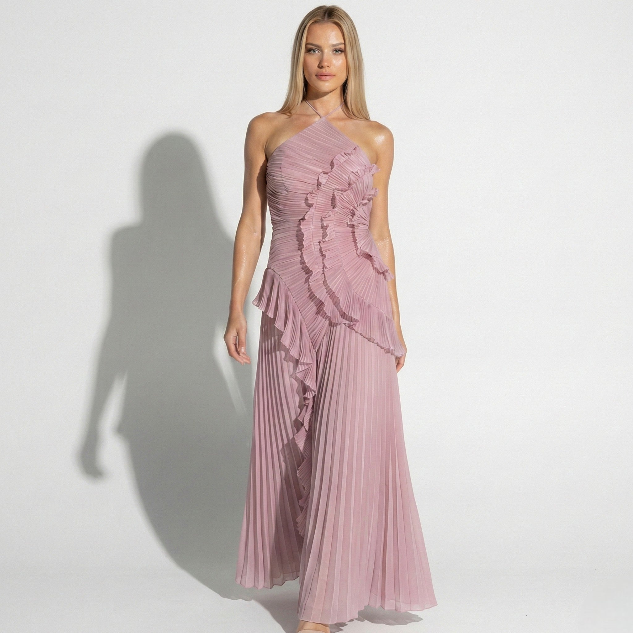 Ruby - Women's Halter Neck Ruffle Pleated Maxi Dress - Dresses - Pink - Parker&Brooks