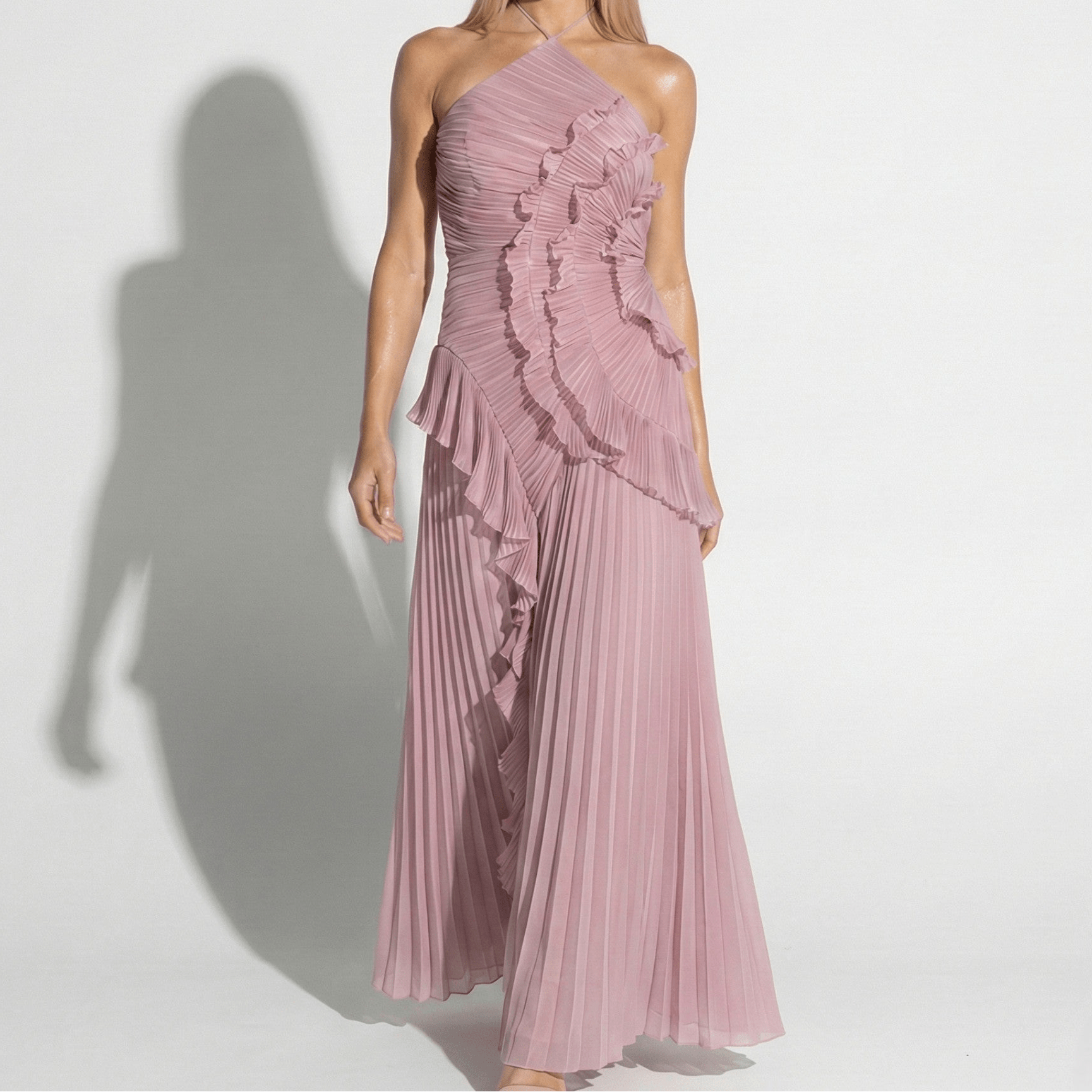Ruby - Women's Halter Neck Ruffle Pleated Maxi Dress - Dresses - Pink - Parker&Brooks