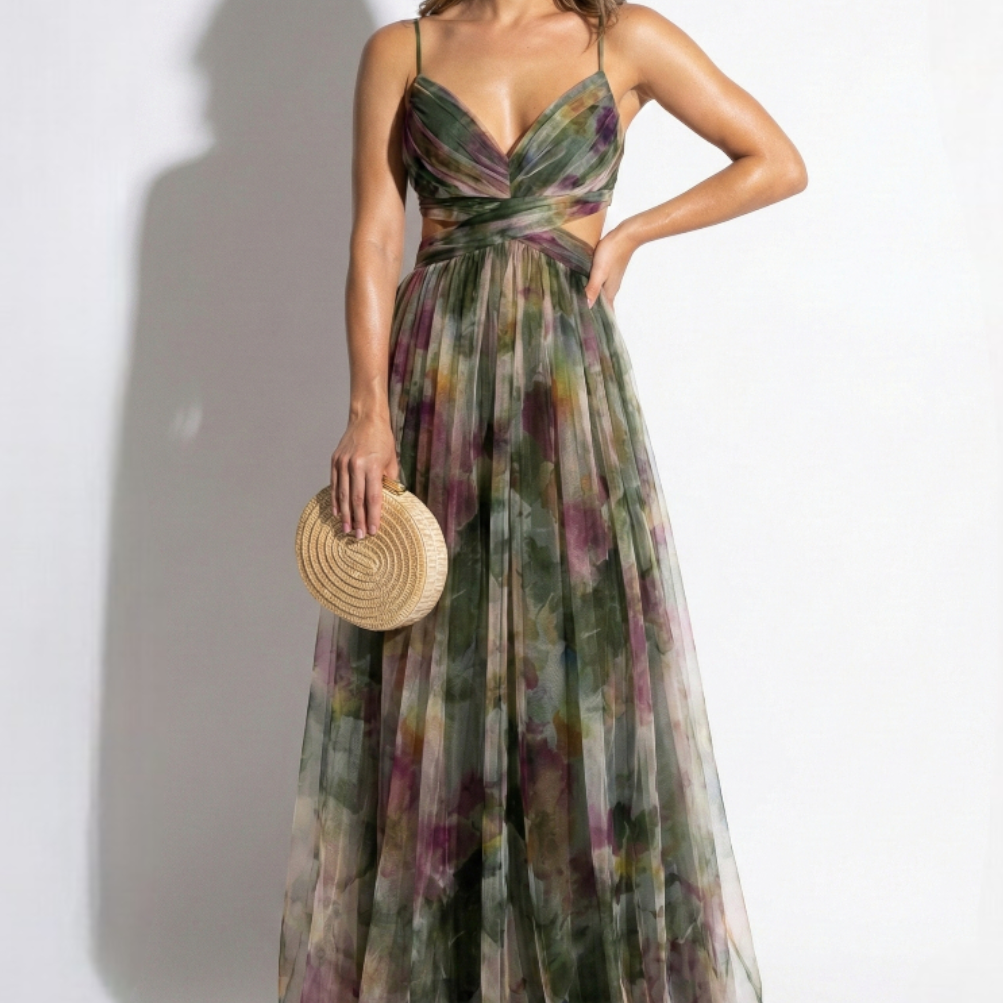 Ruby - Women's V-Neck Spaghetti Strap Floral Maxi Dress
