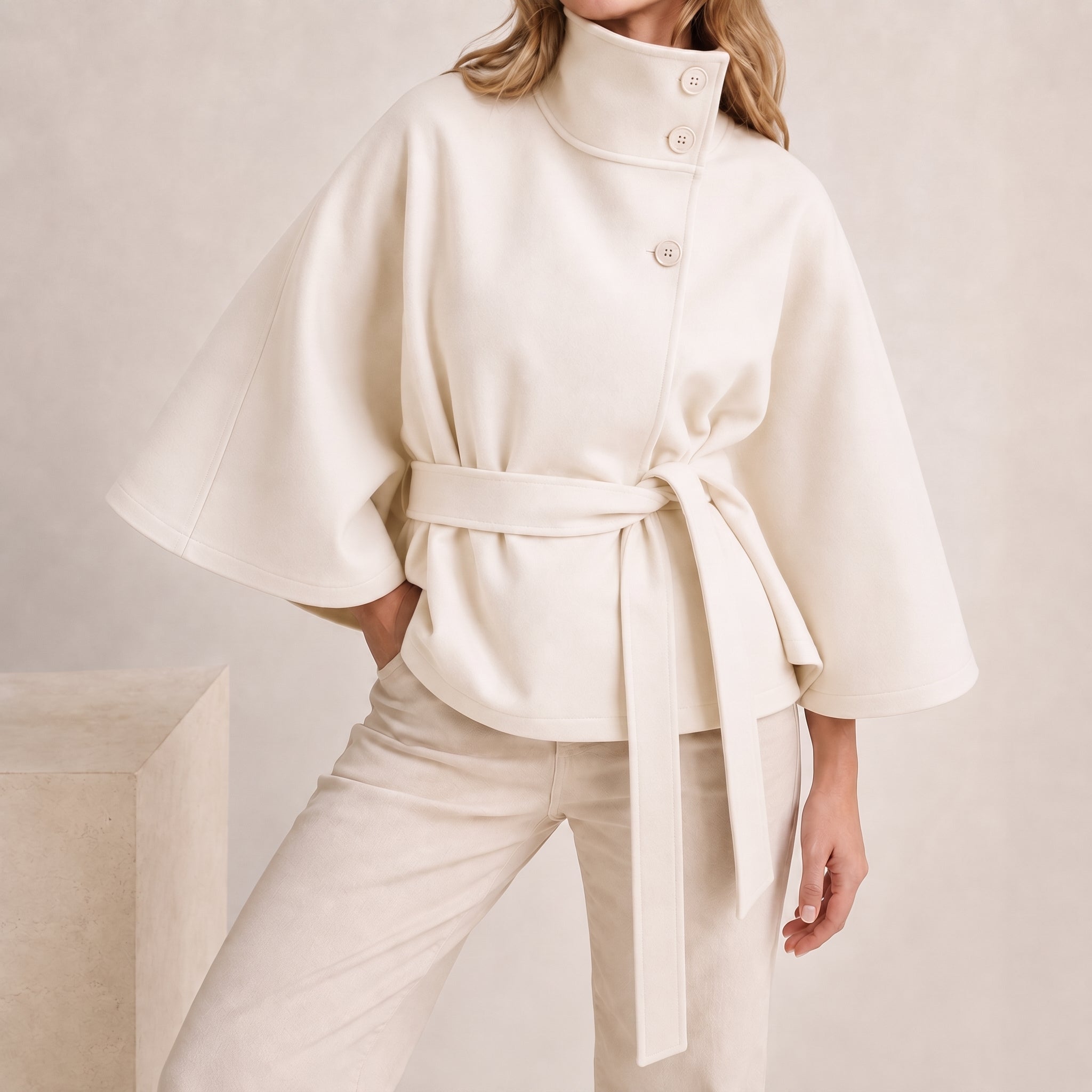 Sarah - Women's Cape Stand Collar Self-Tie Belted Jacket - Capes - White - Parker&Brooks