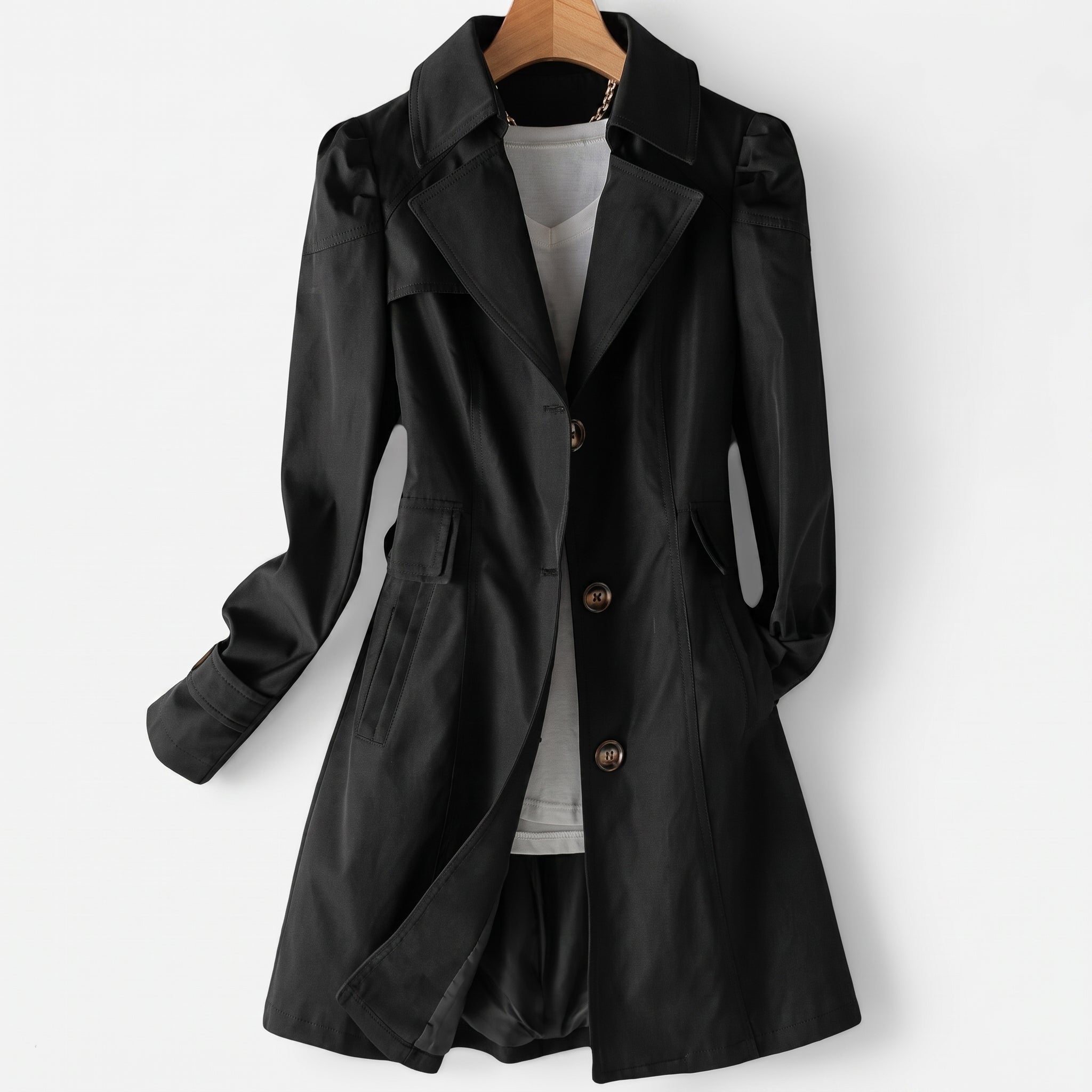 Sarah - Women's Single-Breasted Longline Trench Coat with Notch Lapel - Trench Coats - Black - Parker&Brooks