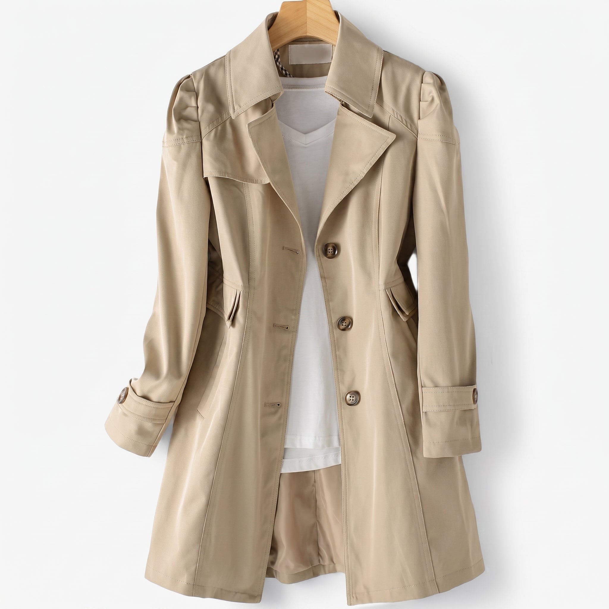 Sarah - Women's Single-Breasted Longline Trench Coat with Notch Lapel - Trench Coats - Khaki - Parker&Brooks