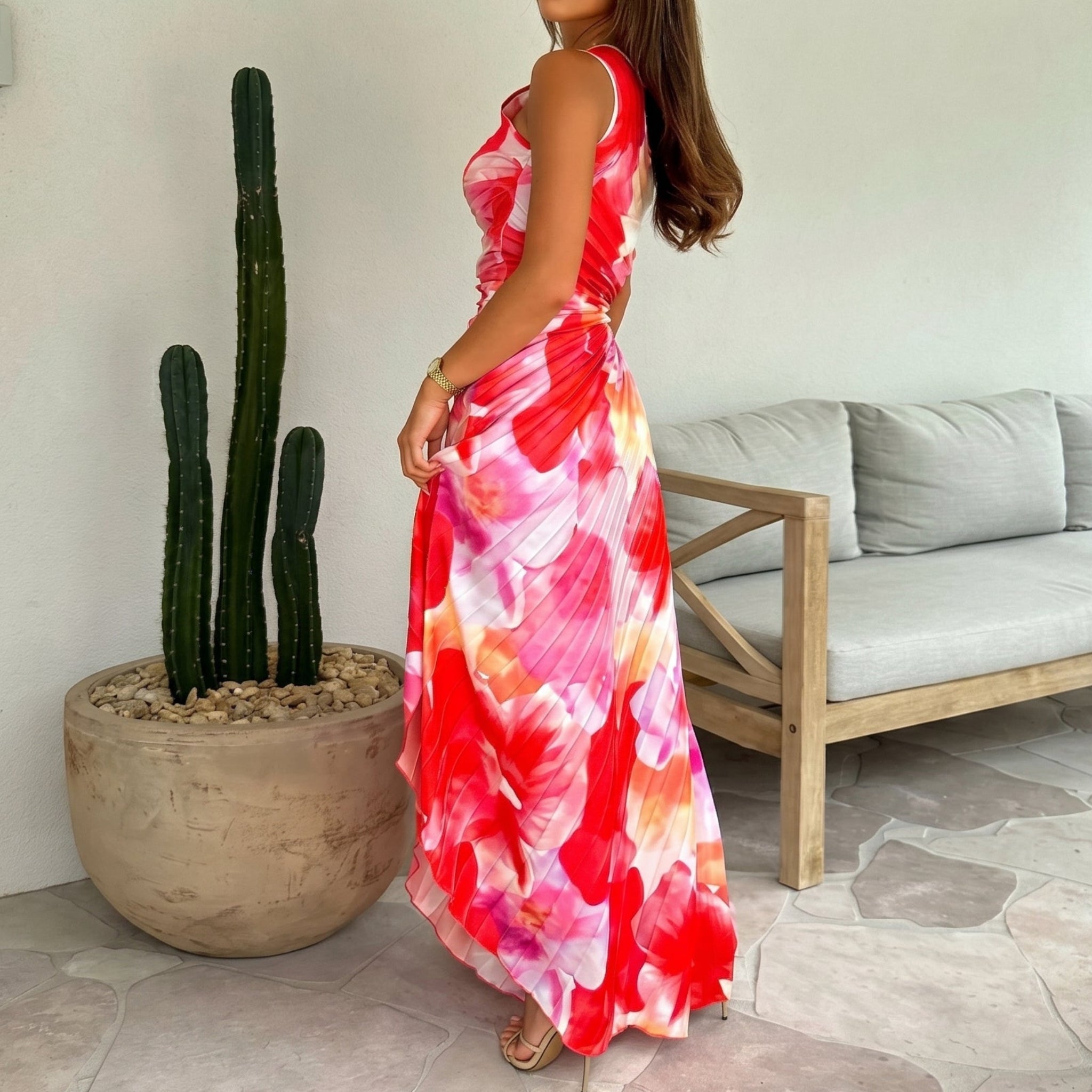Serena - Women's Summer Floral One-Shoulder Maxi Dress - Maxi Dress - Red - Parker&Brooks
