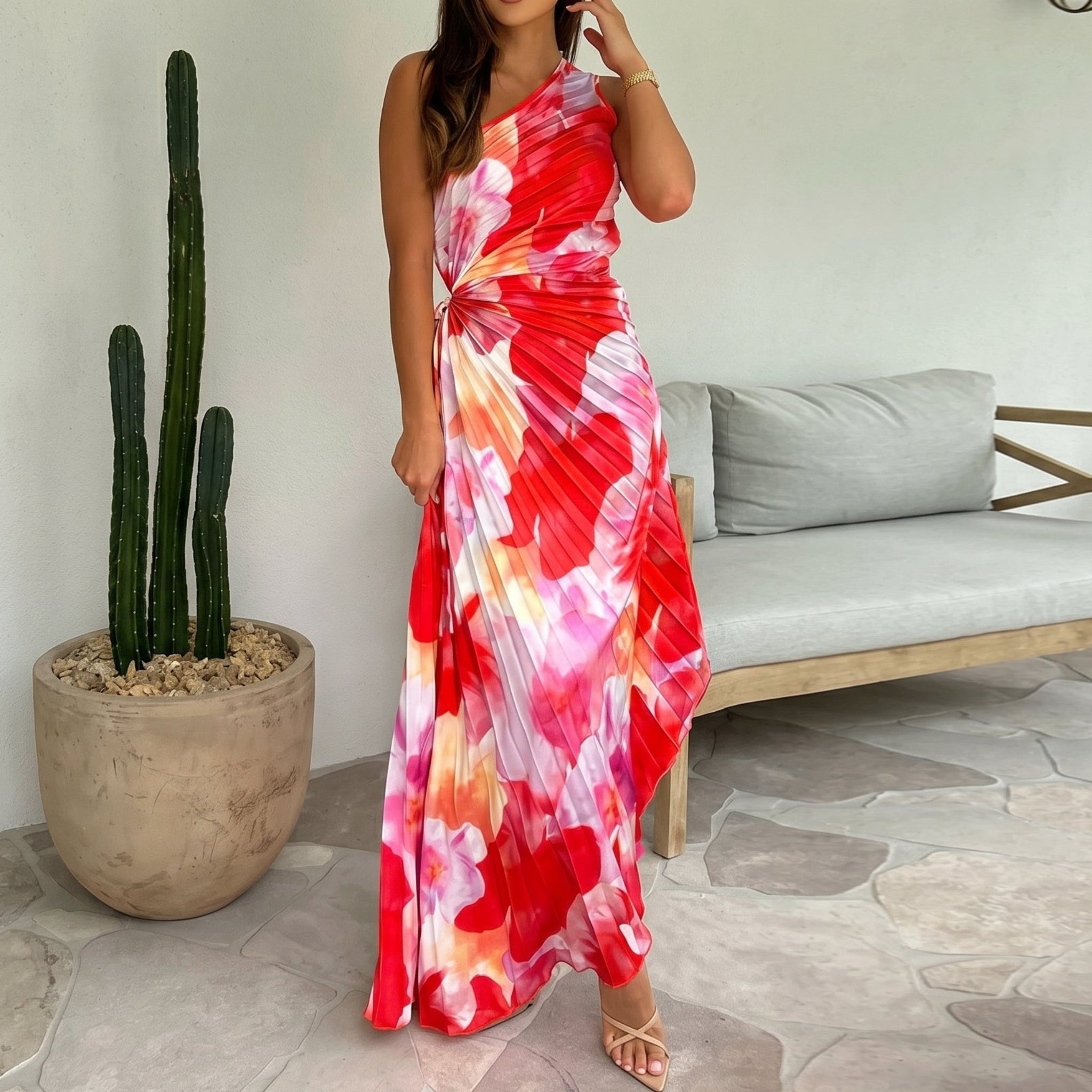 Serena - Women's Summer Floral One-Shoulder Maxi Dress - Maxi Dress - Red - Parker&Brooks