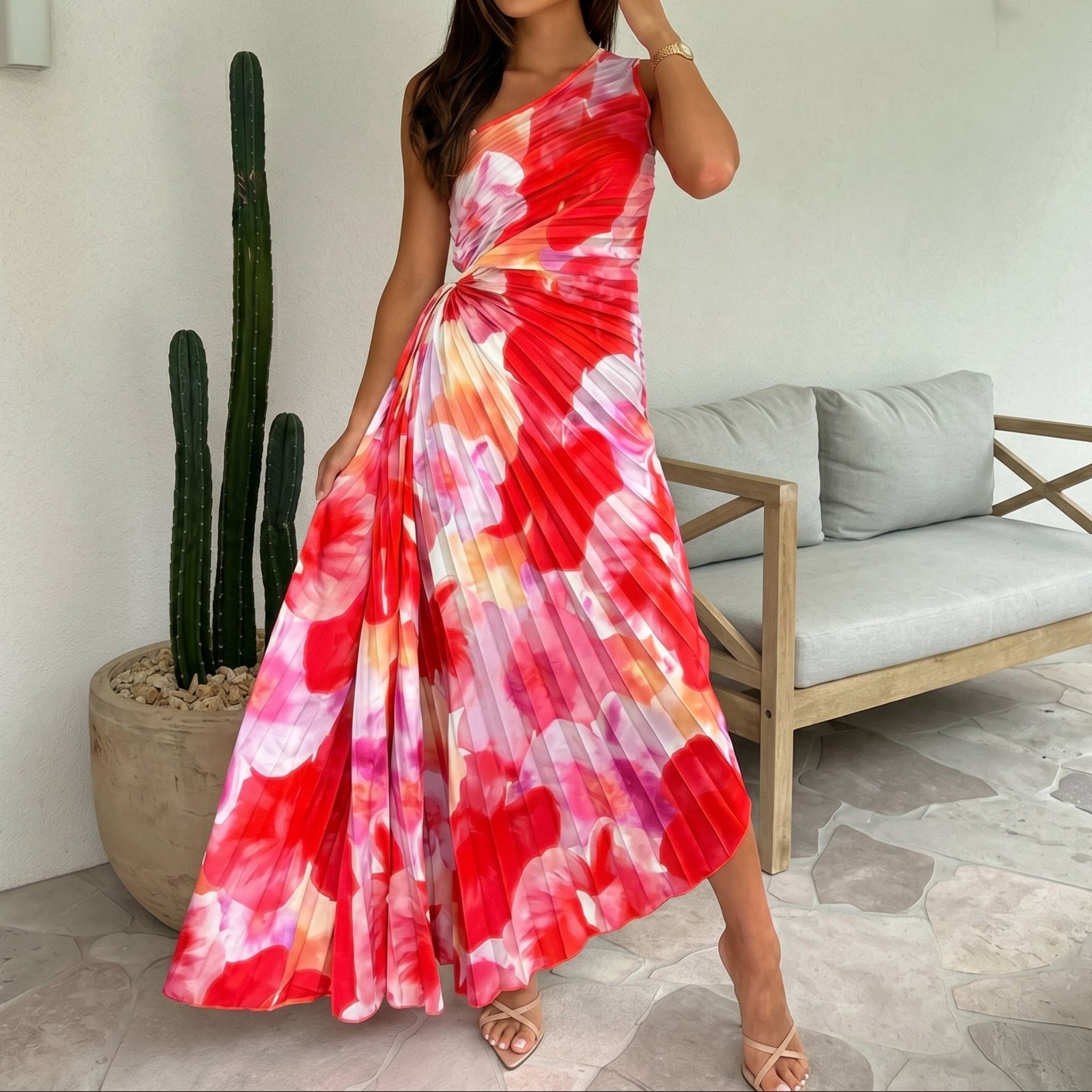 Serena - Women's Summer Floral One-Shoulder Maxi Dress - Maxi Dress - Red - Parker&Brooks