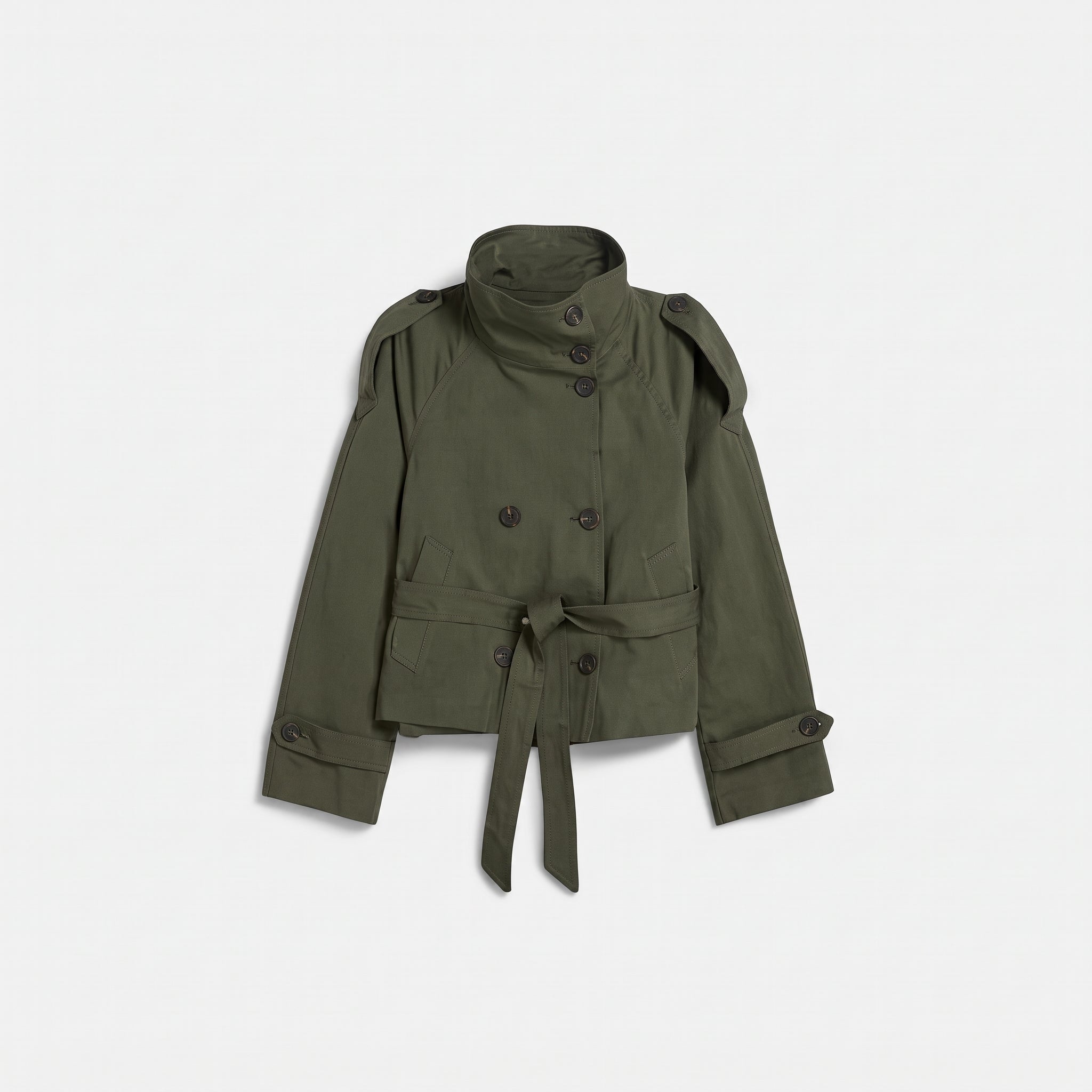 Sibylle - Women's Stand Collar Belted Cropped Jacket - Jackets - Green - Parker&Brooks