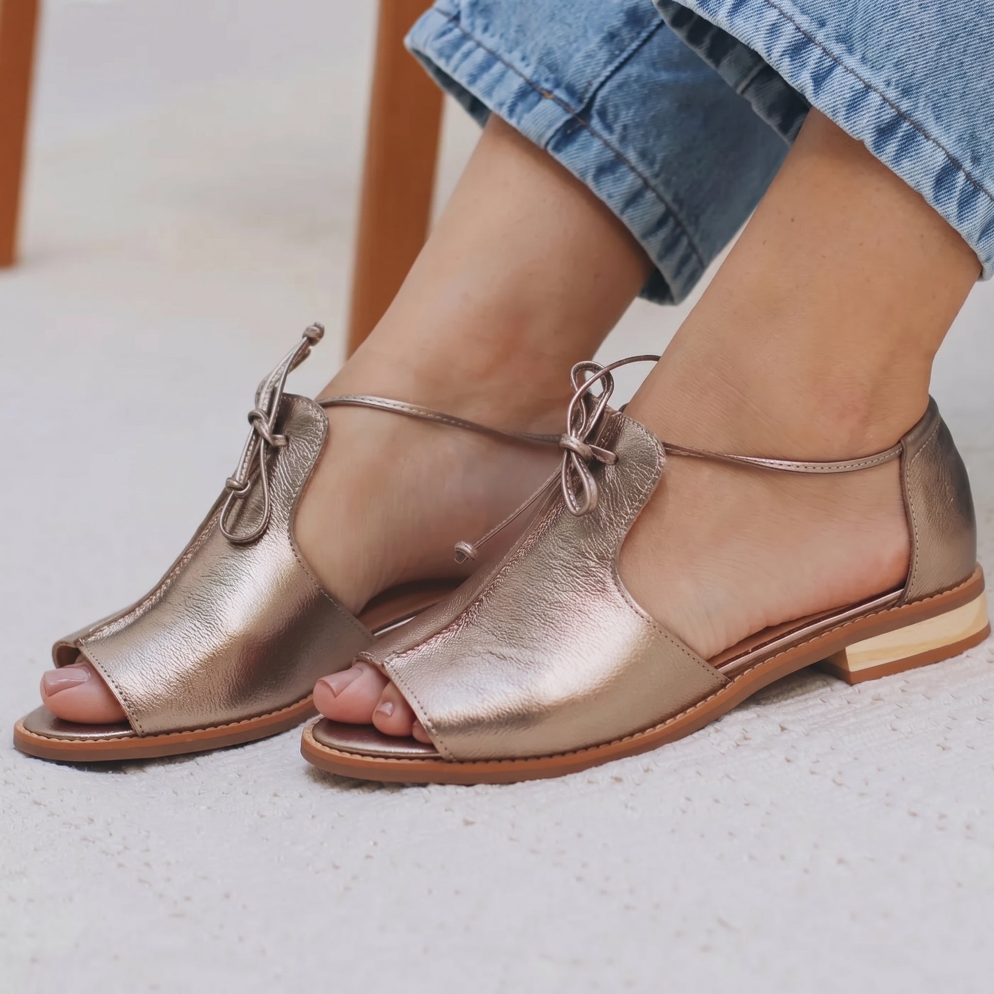 Sibylle - Women's Summer Peep Toe Lace - Up Tie Ankle - Sandals - Champagne - Parker&Brooks
