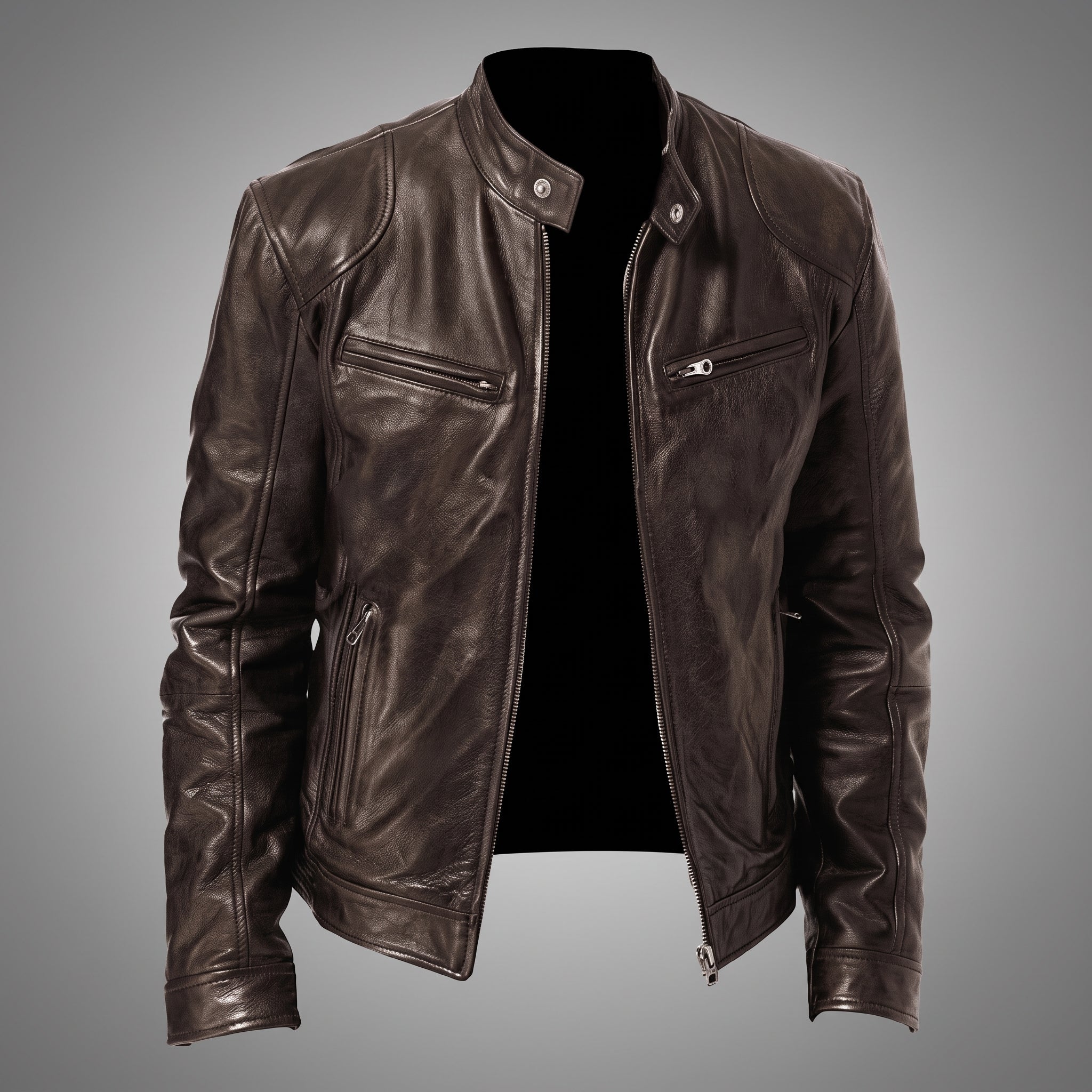 Siegfried - Men's Band Collar Transitional Multi-Pocket Jacket - Motorcycle Outerwear - Brown - Parker&Brooks