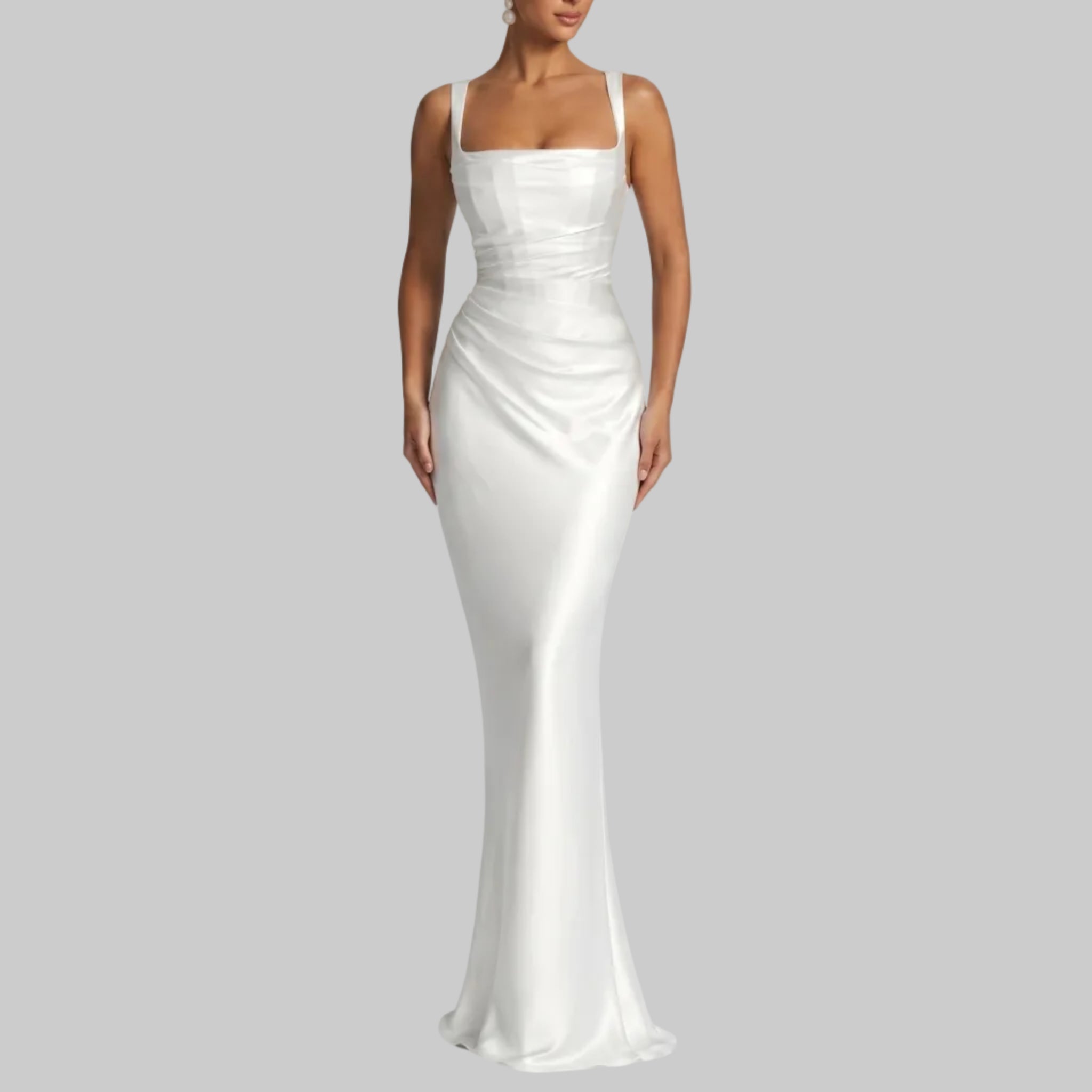 Sofia - Women's Evening Ruched Square Neck Maxi Dress - Maxi Dress - White - Parker&Brooks