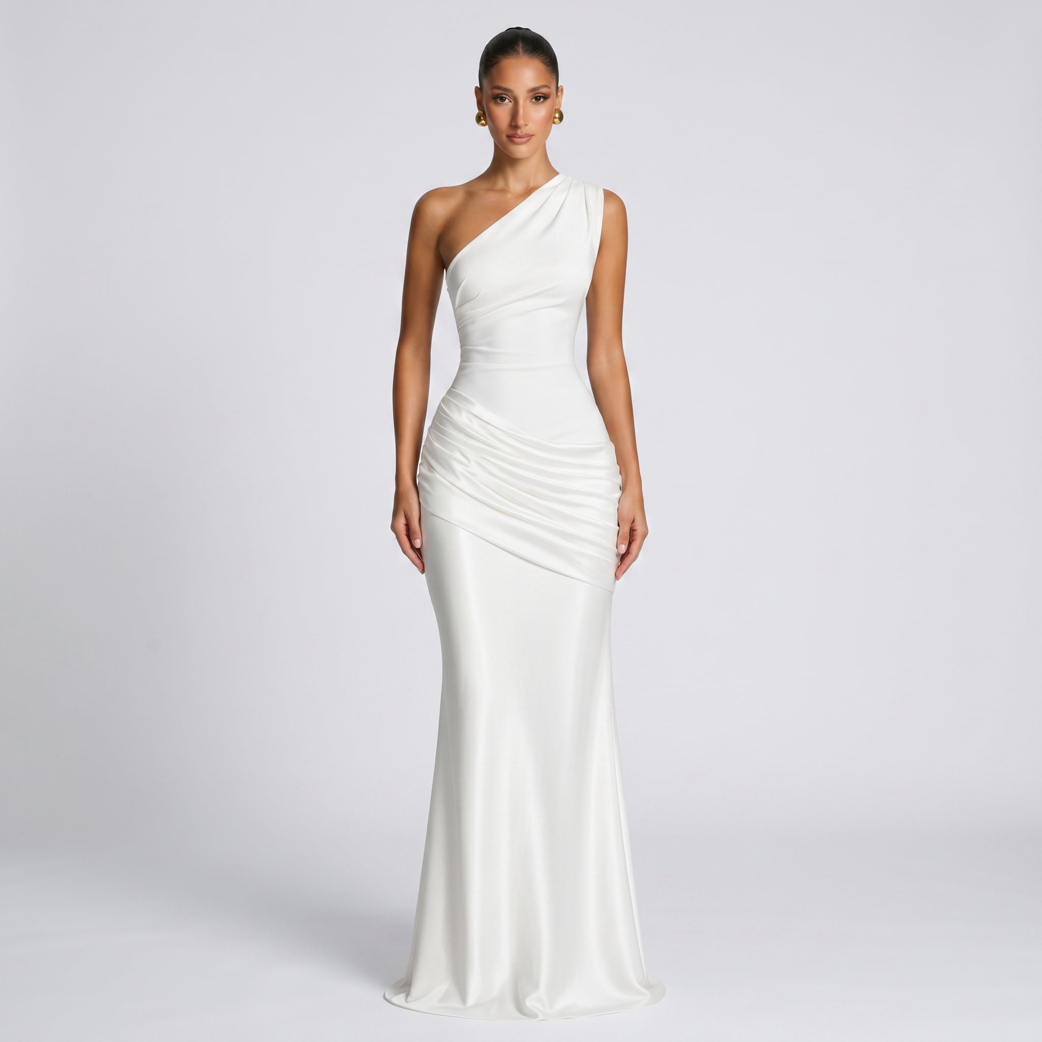 Sofia - Women's One Shoulder Ruched Evening Maxi Dress - Maxi Dress - White - Parker&Brooks