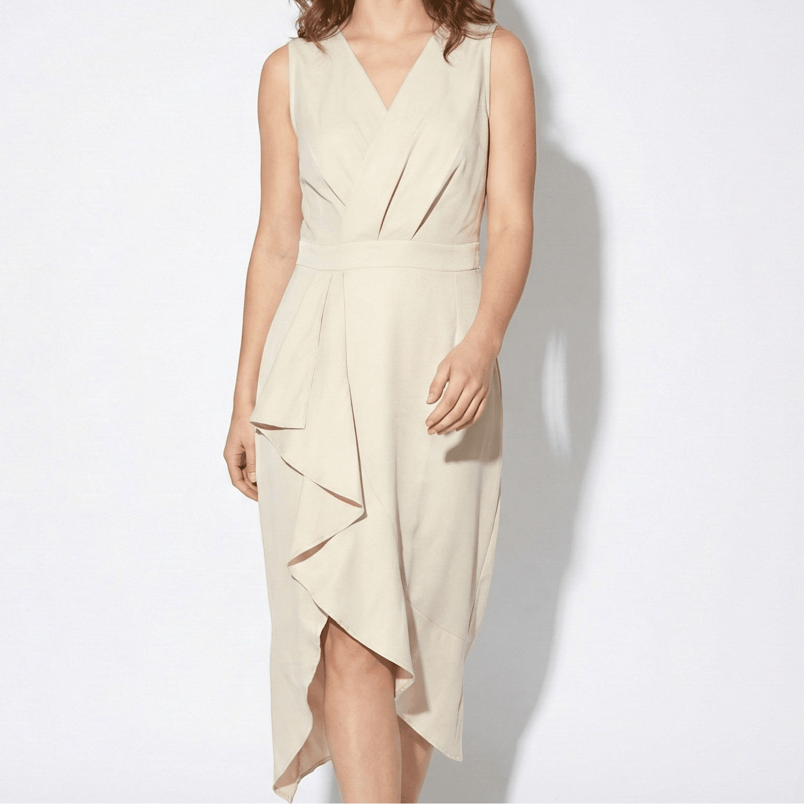 Sophia - Women's Casual Asymmetrical Wrap Midi Dress - Midi Dress - Beige - Parker&Brooks