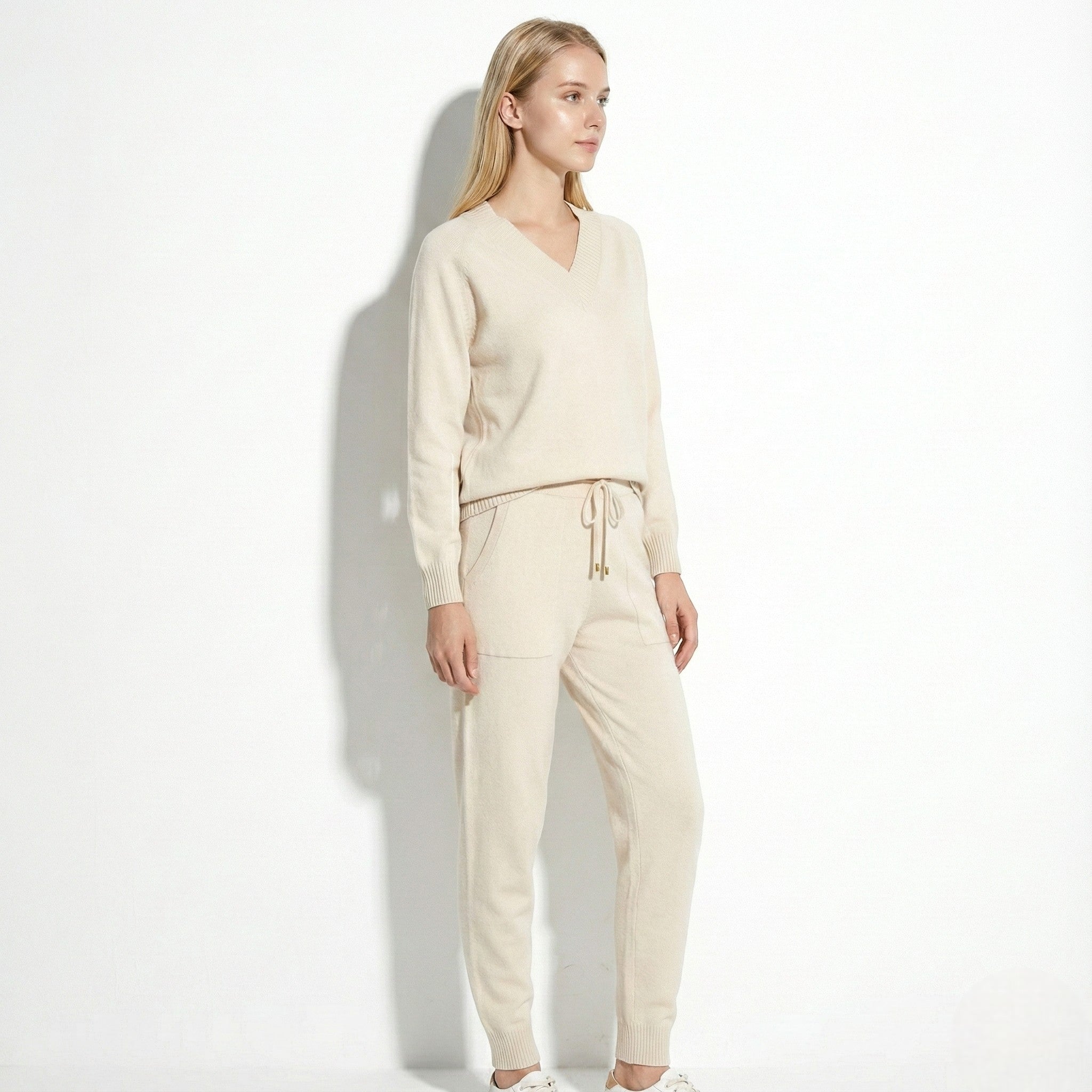 Women's Knit Loungewear Set with V-Neck Sweater and Drawstring Jogger Pants