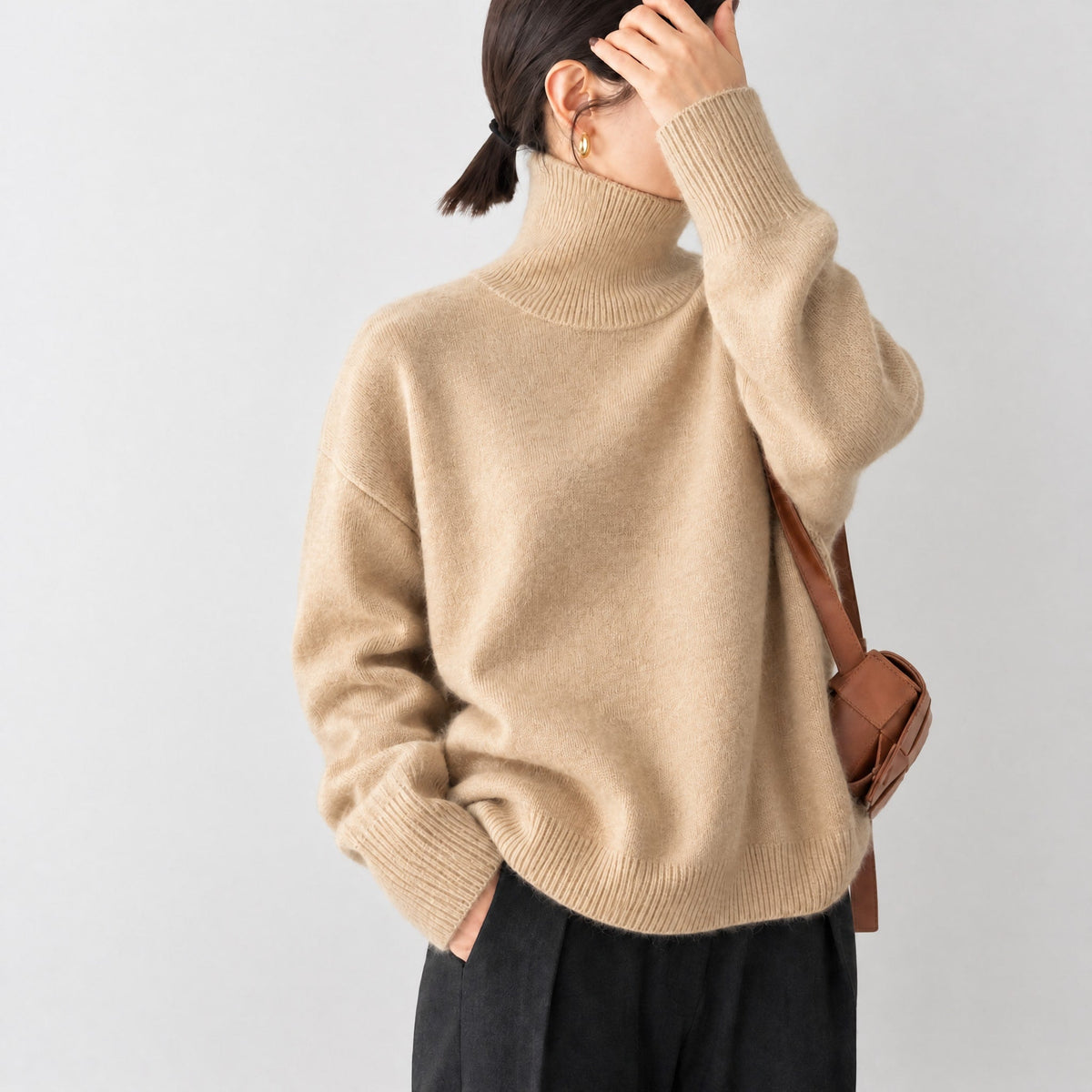 Sophie - Women's Oversized Fit Turtleneck Sweater with Ribbed Cuffs - Sweaters - Khaki - Parker&Brooks