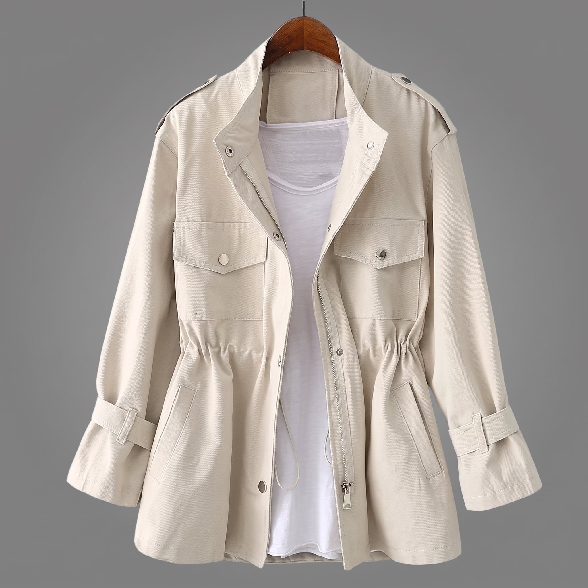Sophie - Women's Relaxed Transitional Utility Jacket with Cinched Waist - Coats & Jackets - Cream - Parker&Brooks