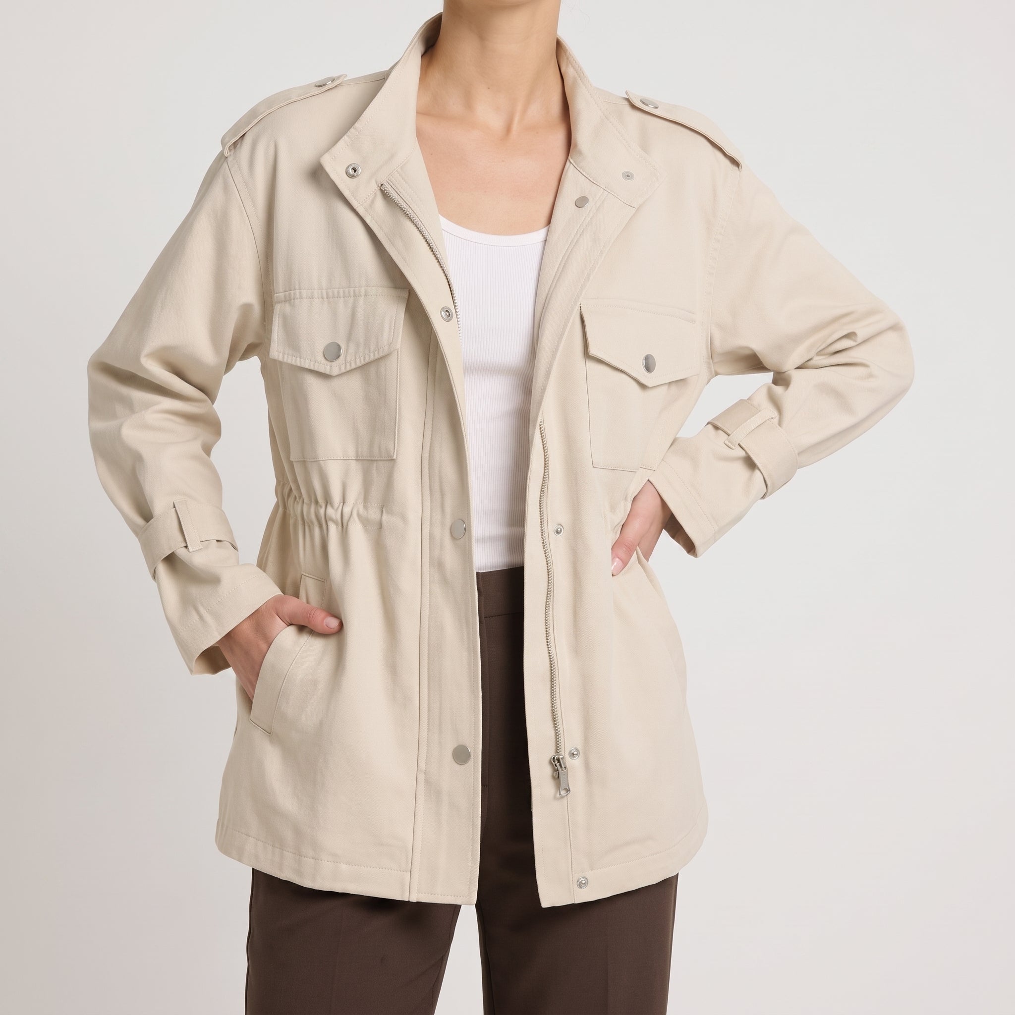 Sophie - Women's Relaxed Transitional Utility Jacket with Cinched Waist - Coats & Jackets - Cream - Parker&Brooks