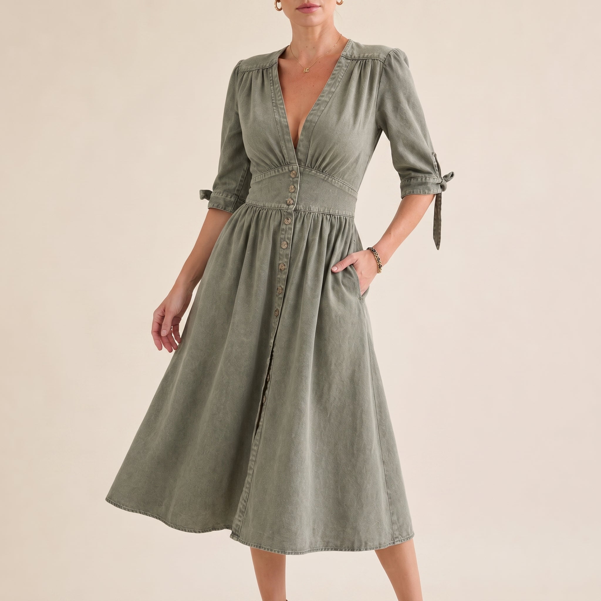 Sophie - Women's Summer Button-Down Tie Sleeve Midi Dress - Dresses - Green - Parker&Brooks
