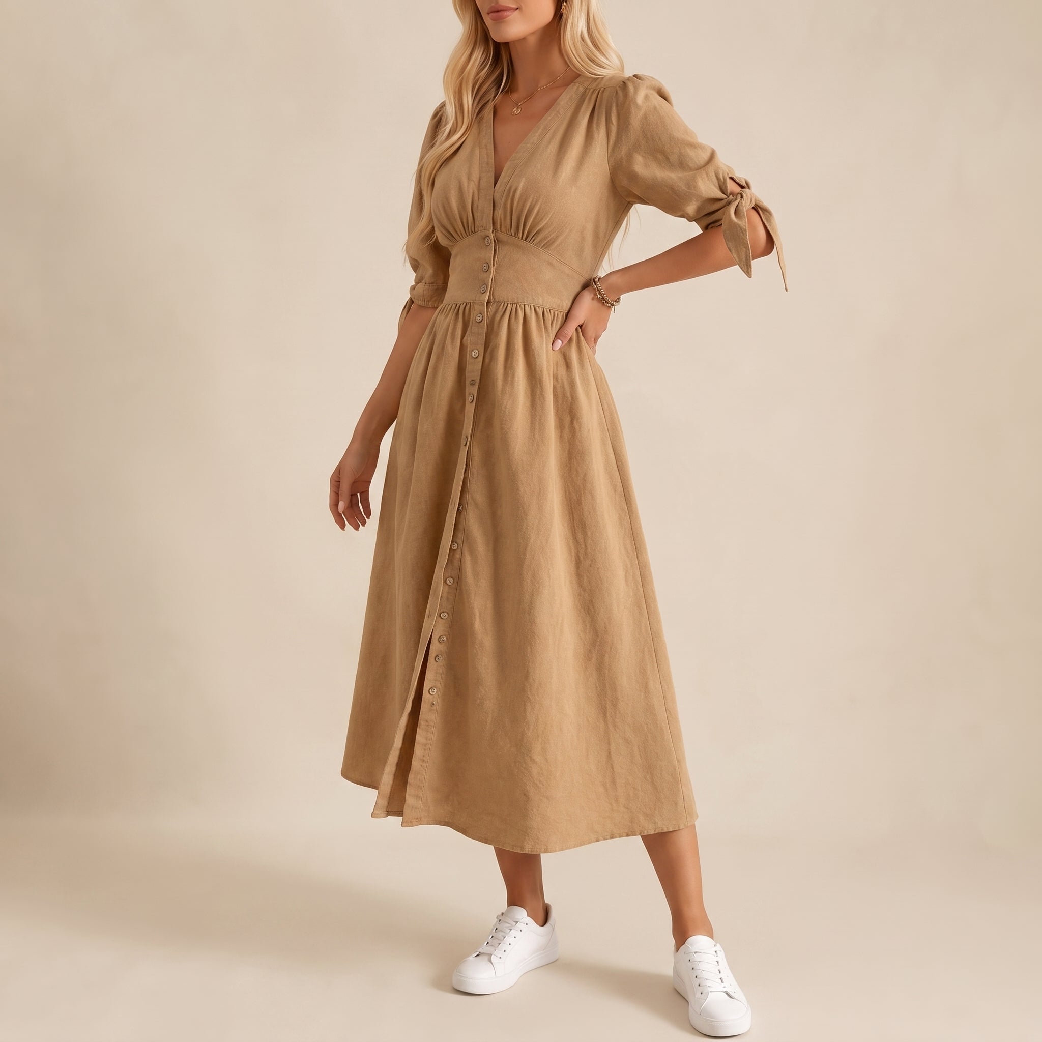 Sophie - Women's Summer Button-Down Tie Sleeve Midi Dress - Dresses - Yellow Brown - Parker&Brooks