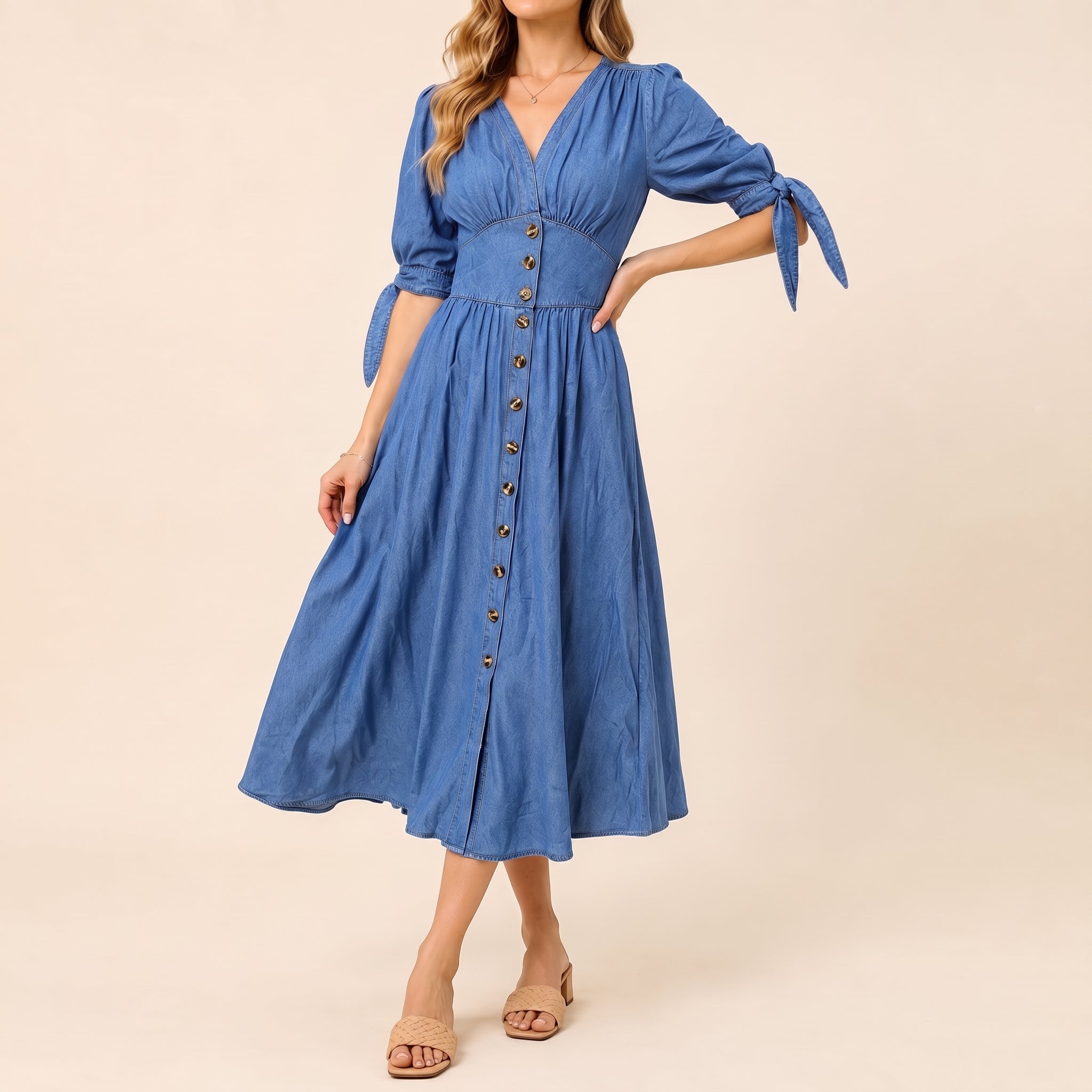 Sophie - Women's Summer Button-Down Tie Sleeve Midi Dress - Dresses - Blue - Parker&Brooks