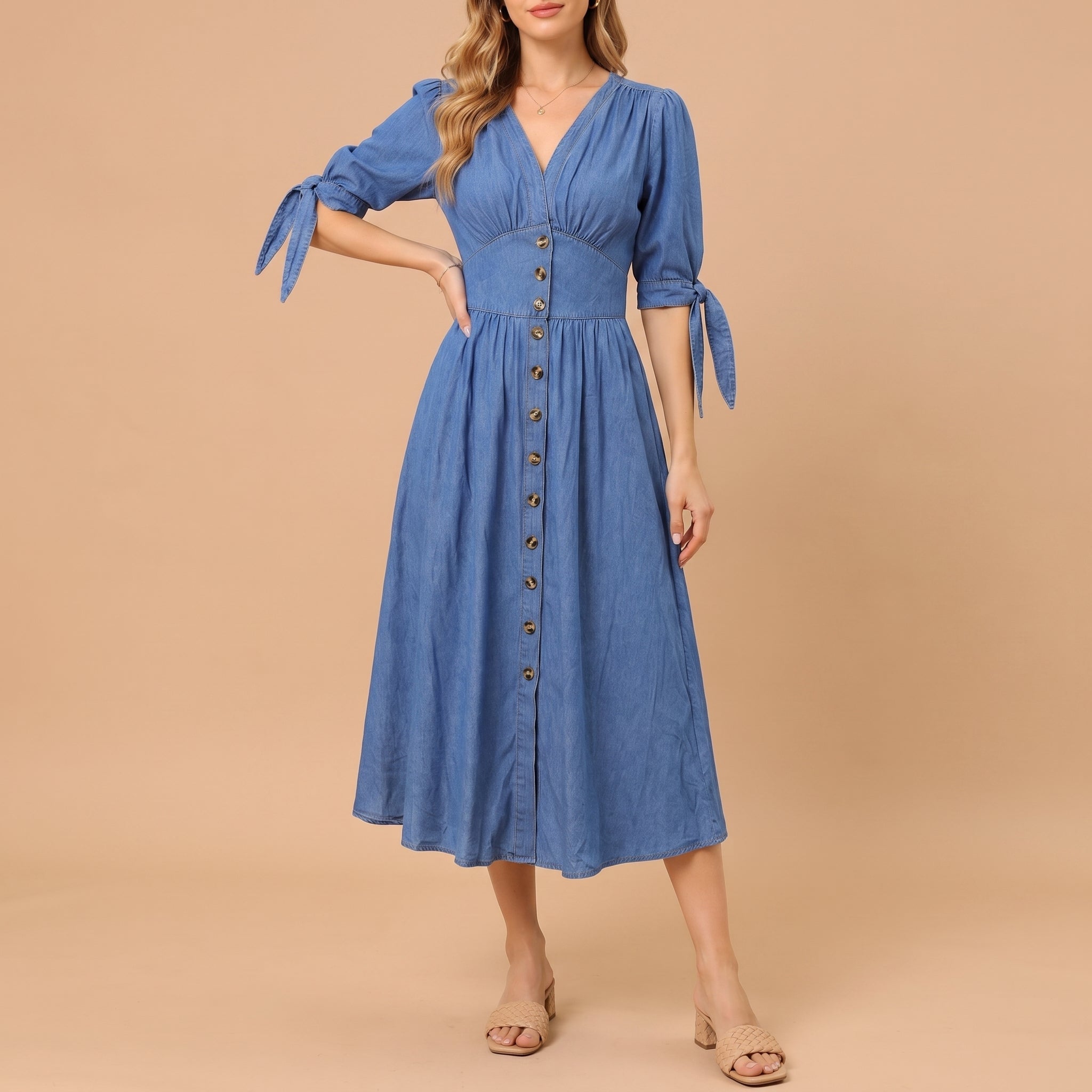 Sophie - Women's Summer Button-Down Tie Sleeve Midi Dress - Dresses - Blue - Parker&Brooks