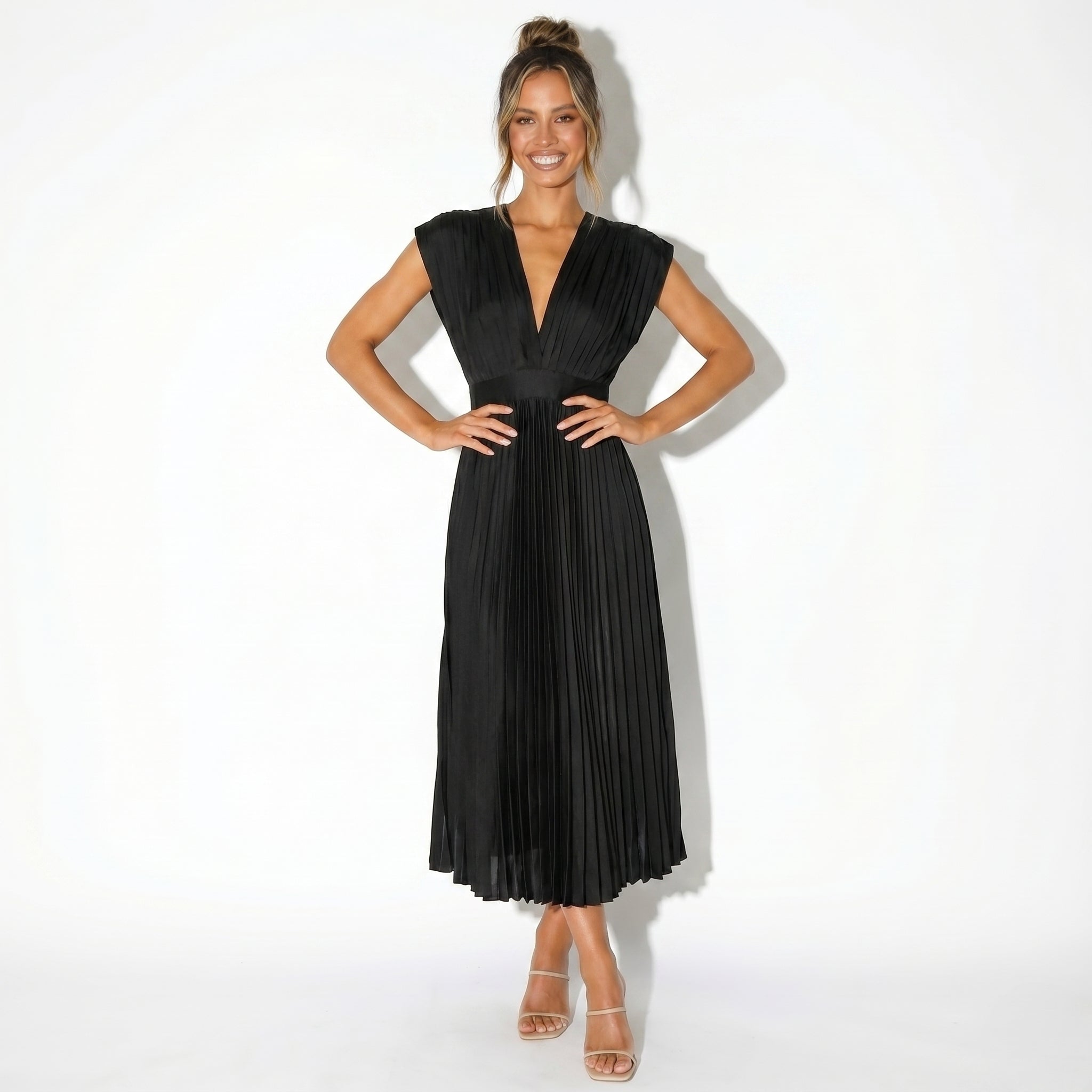 Stella - Women's Pleated Maxi Dress - Dress - Black - Parker&Brooks