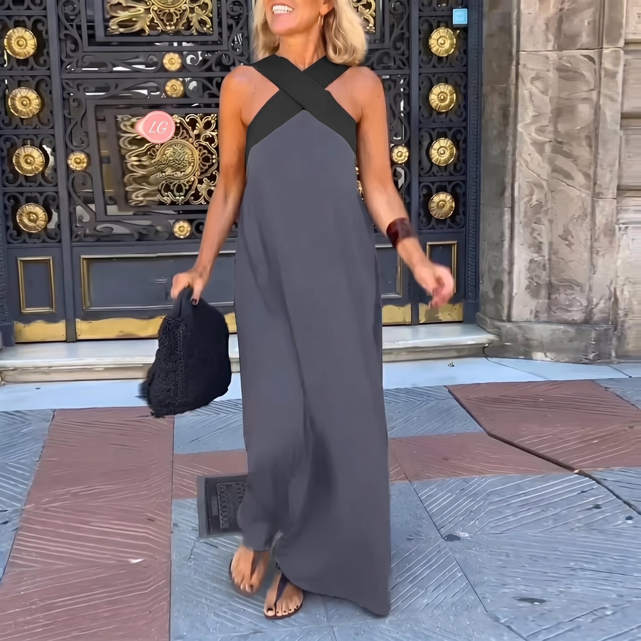 Stella - Women's Summer Crossover Halter Neck Maxi Dress - Maxi Dress - Gray - Parker&Brooks