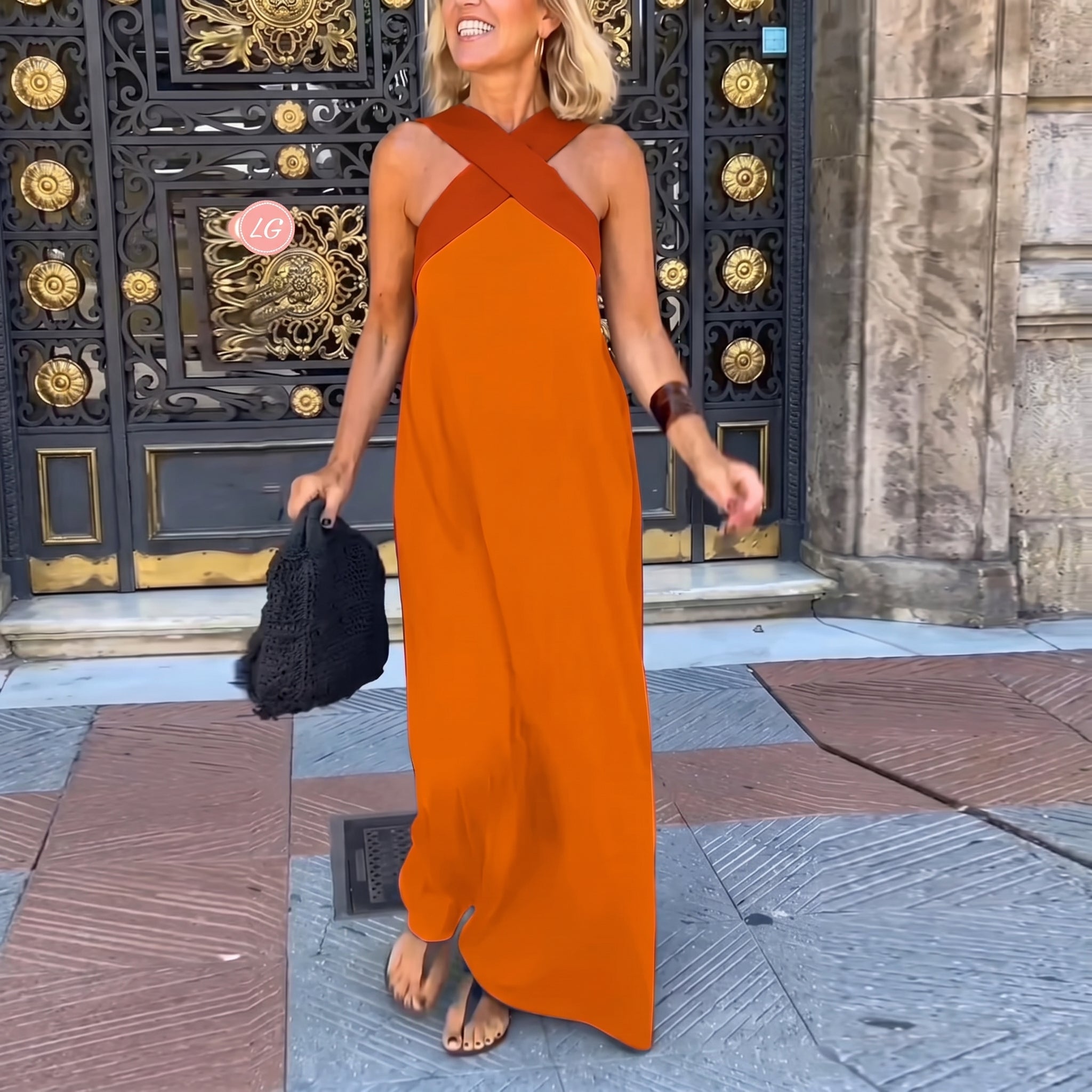 Stella - Women's Summer Crossover Halter Neck Maxi Dress - Maxi Dress - Orange - Parker&Brooks