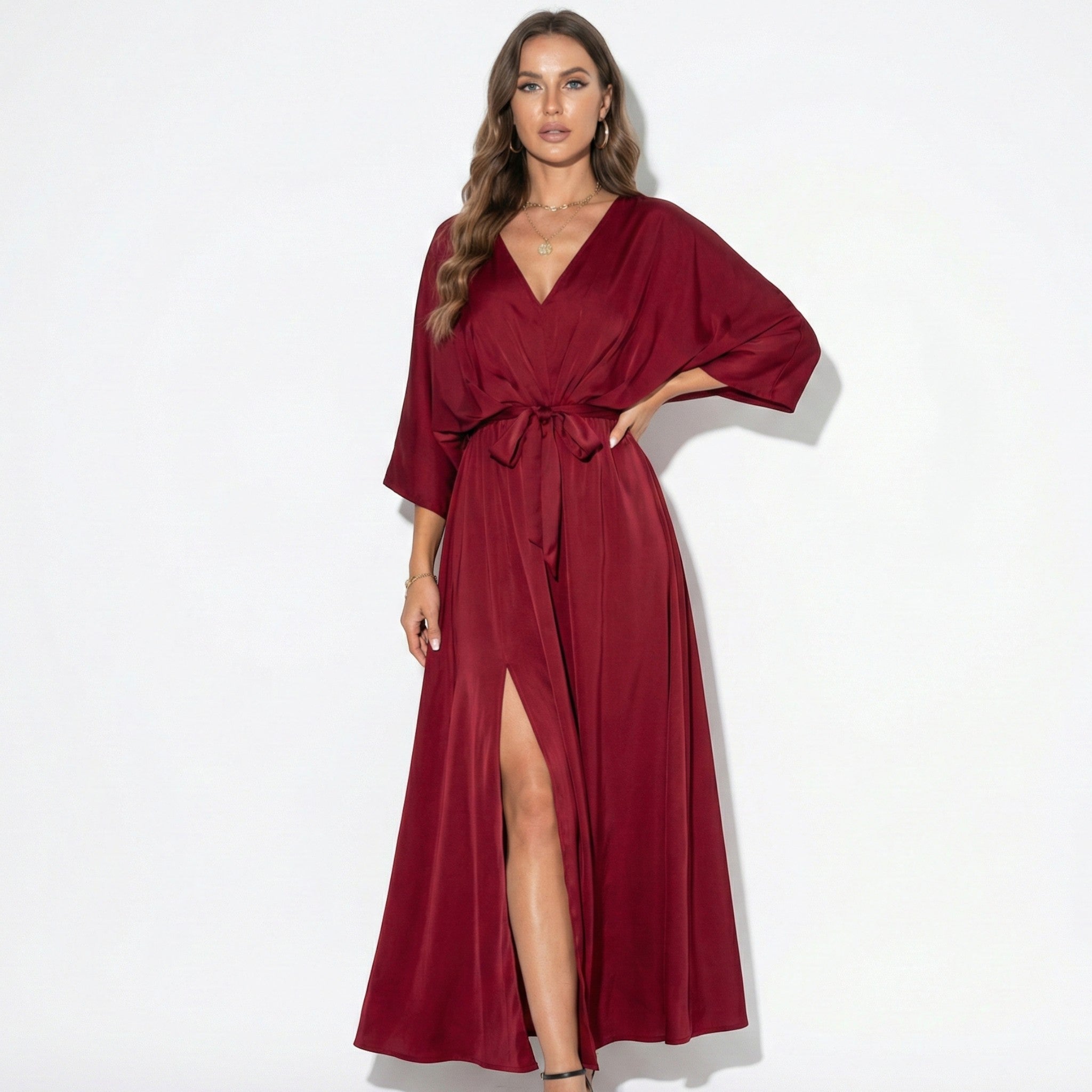 Thea - Women's V - Neck Batwing Sleeve Maxi Dress - Dress - Red - Parker&Brooks