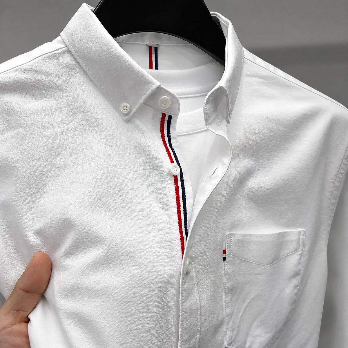 Tom - Men's Button-Down Oxford Shirt with Striped Placket and Chest Pocket - Shirts - White - Parker&Brooks