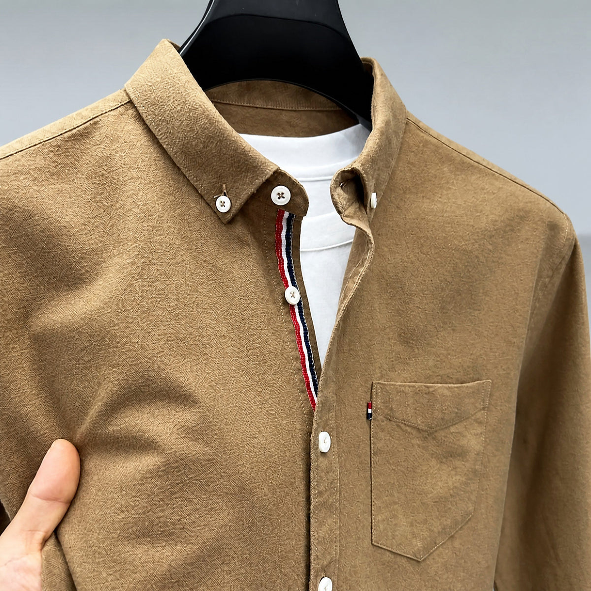 Tom - Men's Button-Down Oxford Shirt with Striped Placket and Chest Pocket - Shirts - Khaki - Parker&Brooks