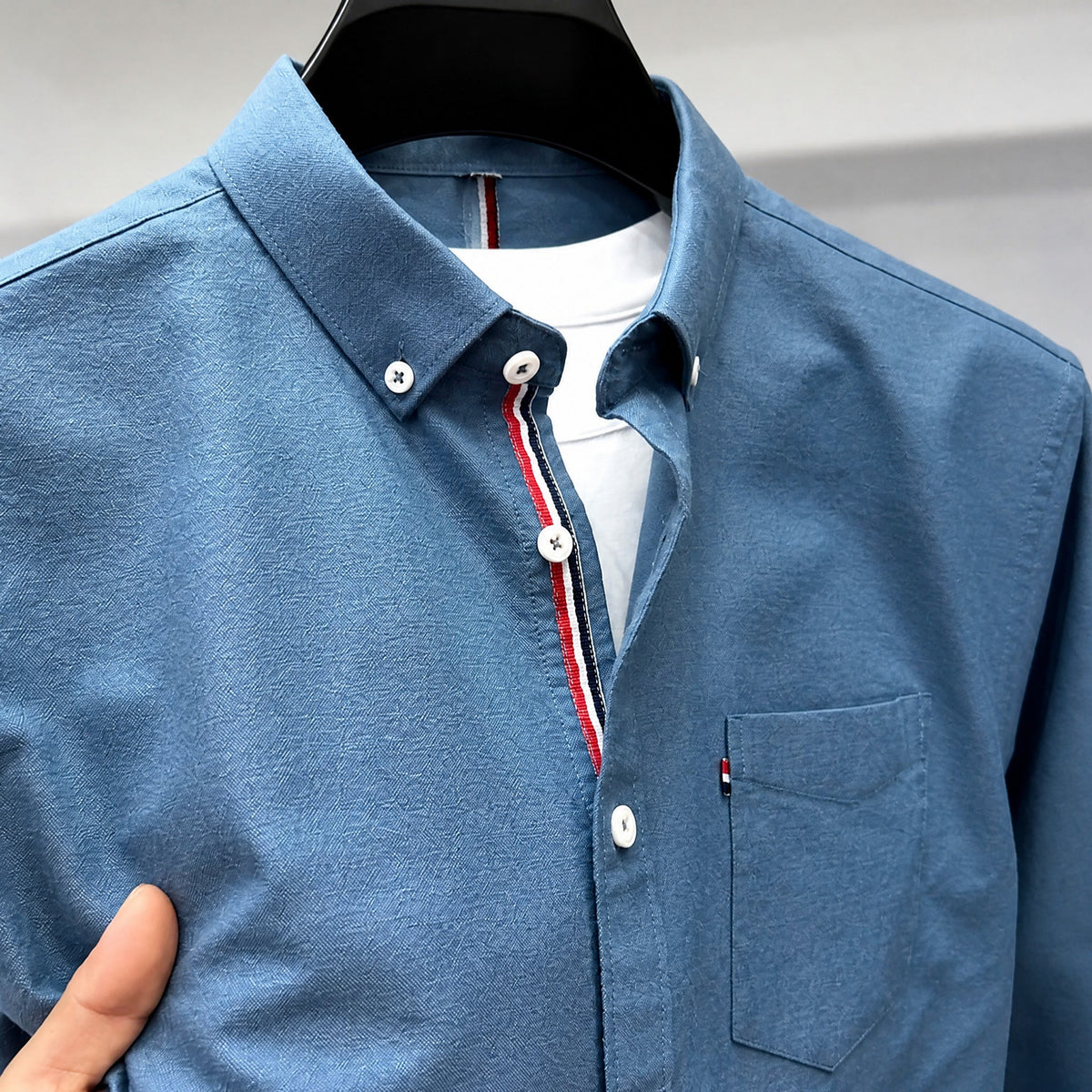 Tom - Men's Button-Down Oxford Shirt with Striped Placket and Chest Pocket - Shirts - Blue - Parker&Brooks