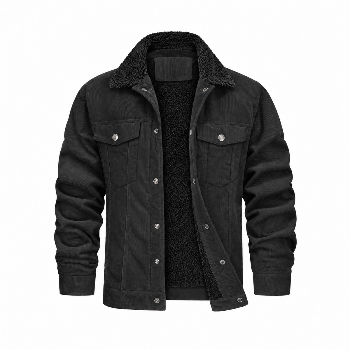 Tom - Men's Corduroy Trucker Jacket with Cozy Collar and Chest Pockets - Trucker Jackets - Black - Parker&Brooks