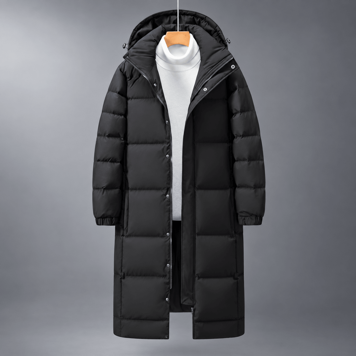 Tom - Men's Longline Hooded Puffer Coat with Zip Front - Puffer Jackets - Black - Parker&Brooks