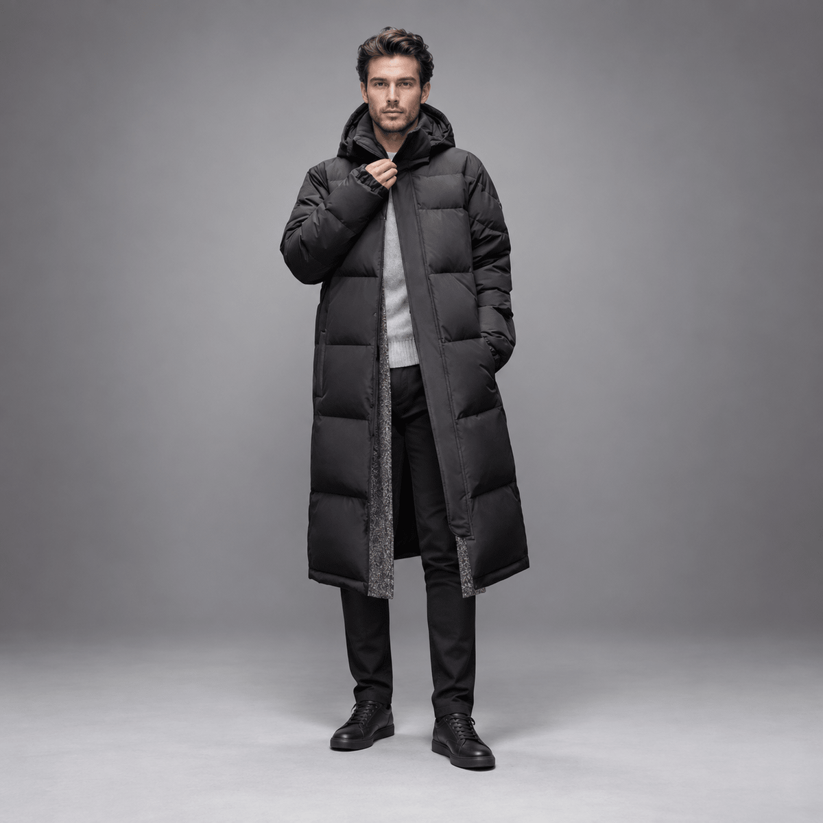 Tom - Men's Longline Hooded Puffer Coat with Zip Front - Puffer Jackets - Black - Parker&Brooks