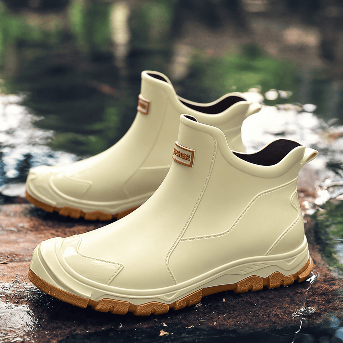 Tom - Men's Waterproof Slip-On Ankle Rain Boots with Non-Slip Sole - Boots - Beige - Parker&Brooks