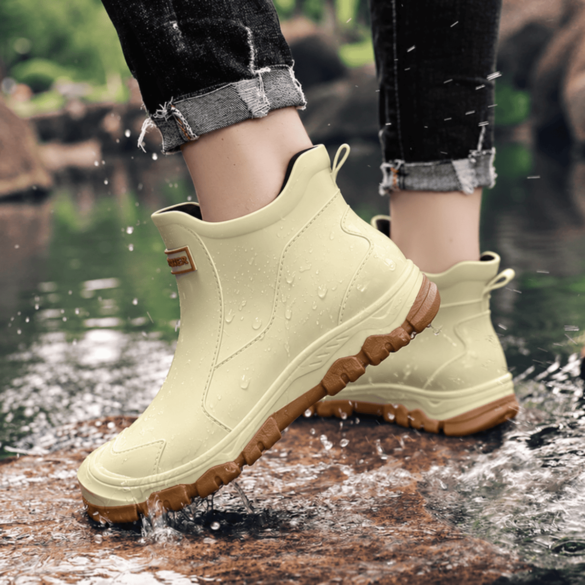 Tom - Men's Waterproof Slip-On Ankle Rain Boots with Non-Slip Sole - Boots - Beige - Parker&Brooks